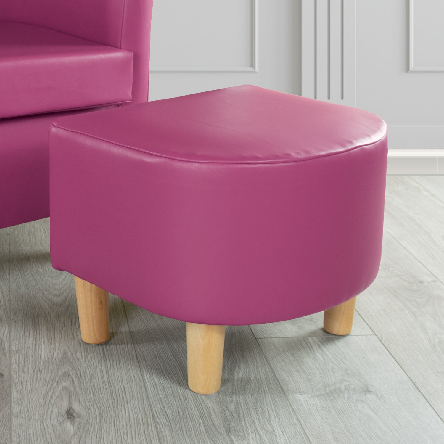 Tuscany Footstool in Chieftain Fabrics Just Colour Faux Leather with Light Wood Legs