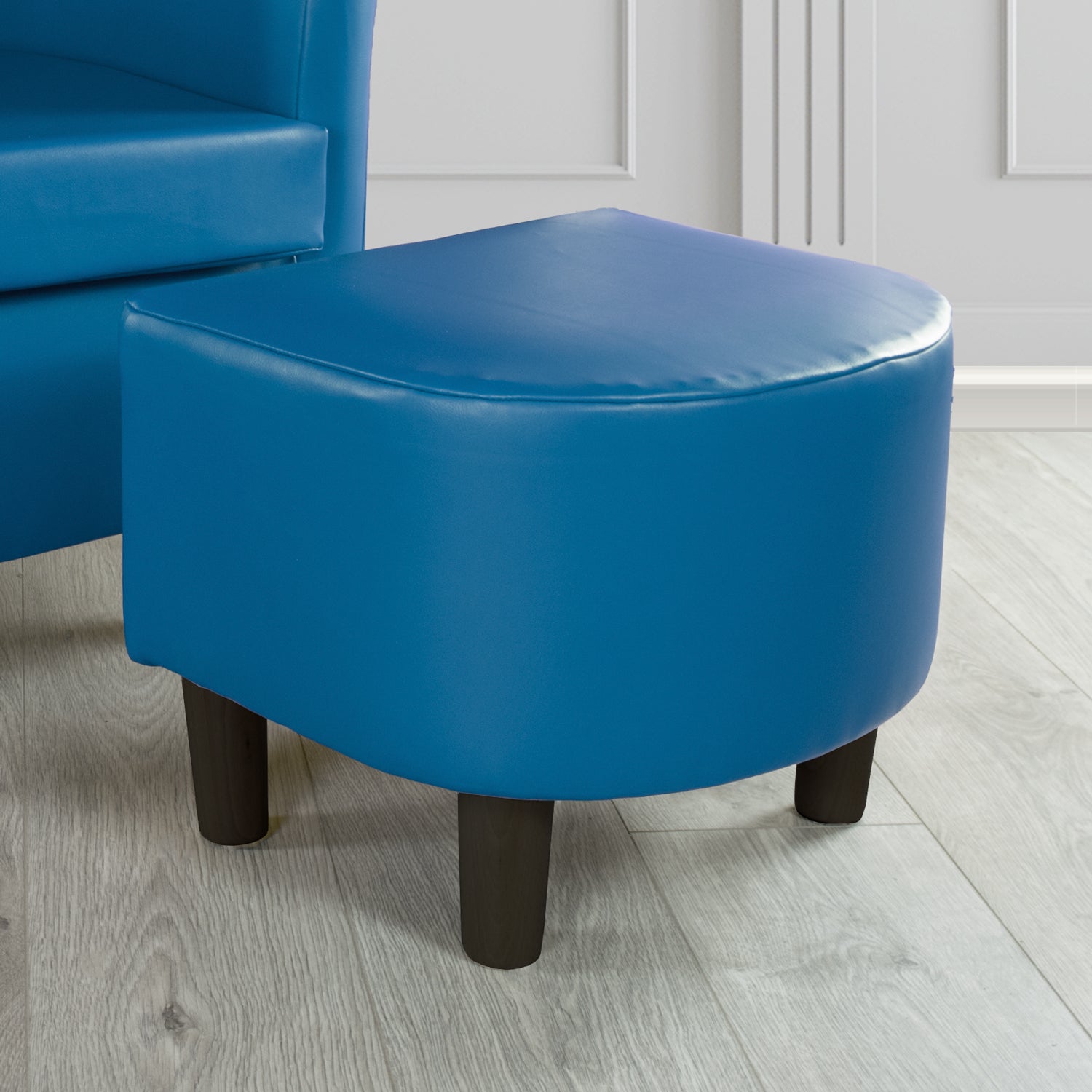 Tuscany Footstool in Chieftain Fabrics Just Colour Faux Leather with Dark Wood Legs