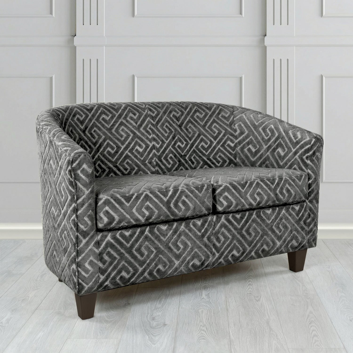 Devon 2 Seater Tub Sofa in Cristina Marrone Extravaganza Greek Key Geometric Fabric