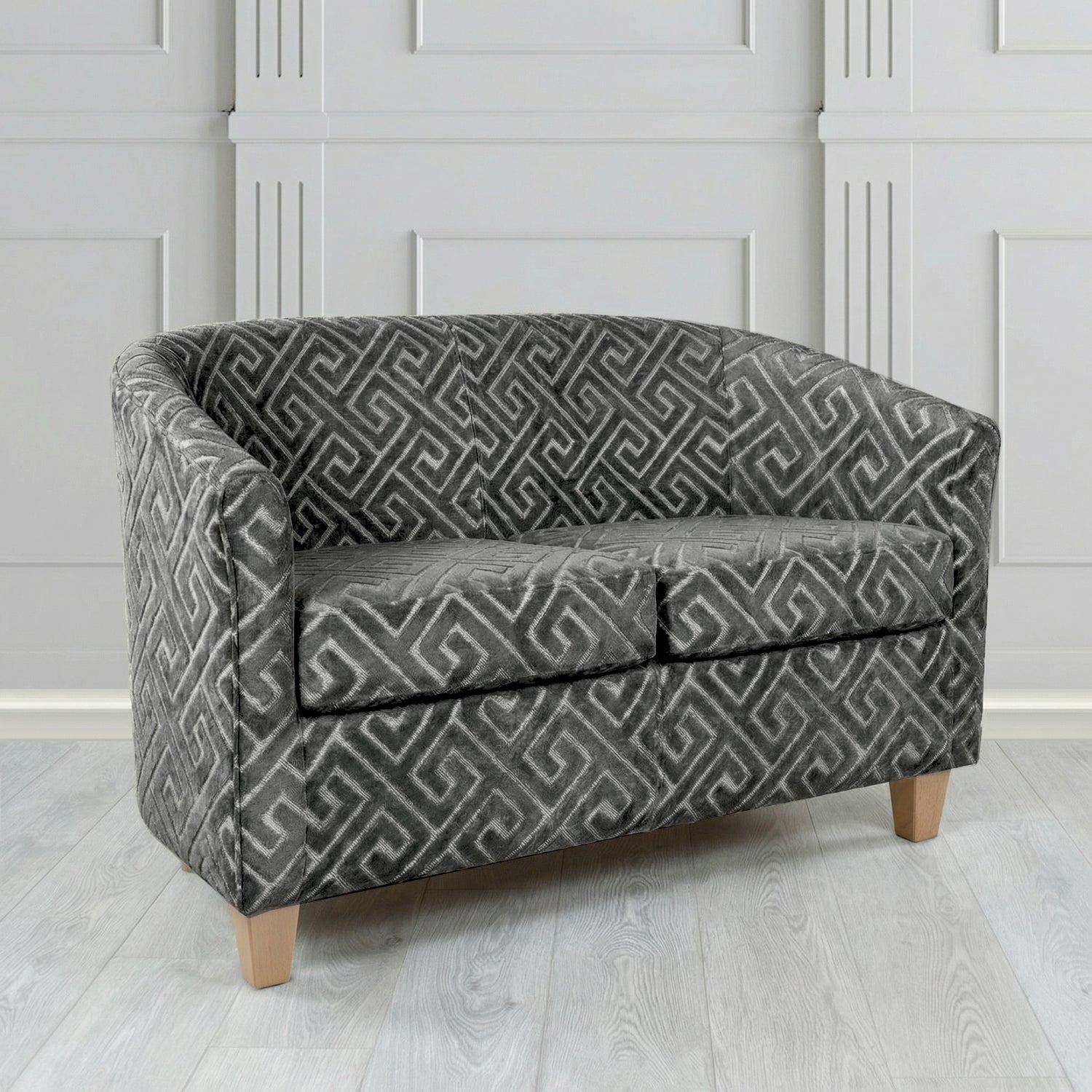 Devon 2 Seater Tub Sofa in Cristina Marrone Extravaganza Greek Key Geometric Fabric