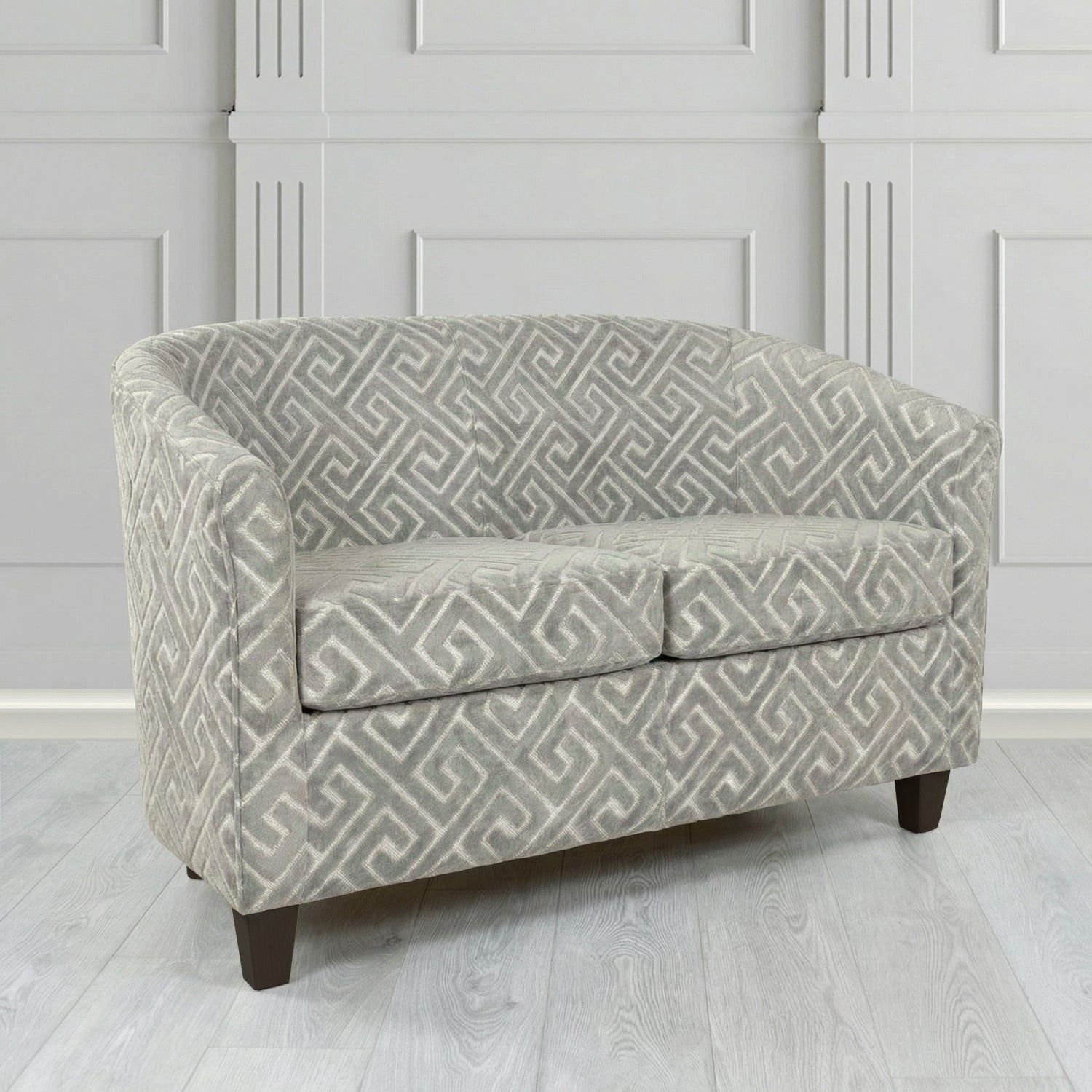 Devon 2 Seater Tub Sofa in Cristina Marrone Extravaganza Greek Key Geometric Fabric