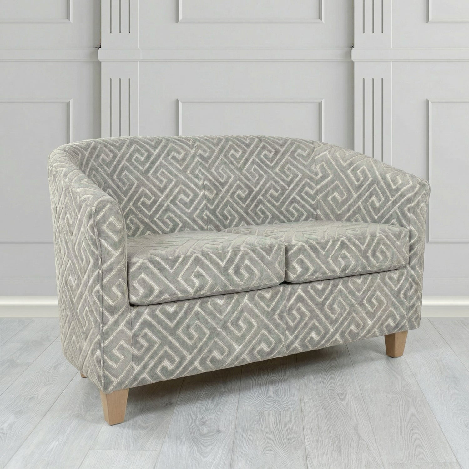 Devon 2 Seater Tub Sofa in Cristina Marrone Extravaganza Greek Key Geometric Fabric