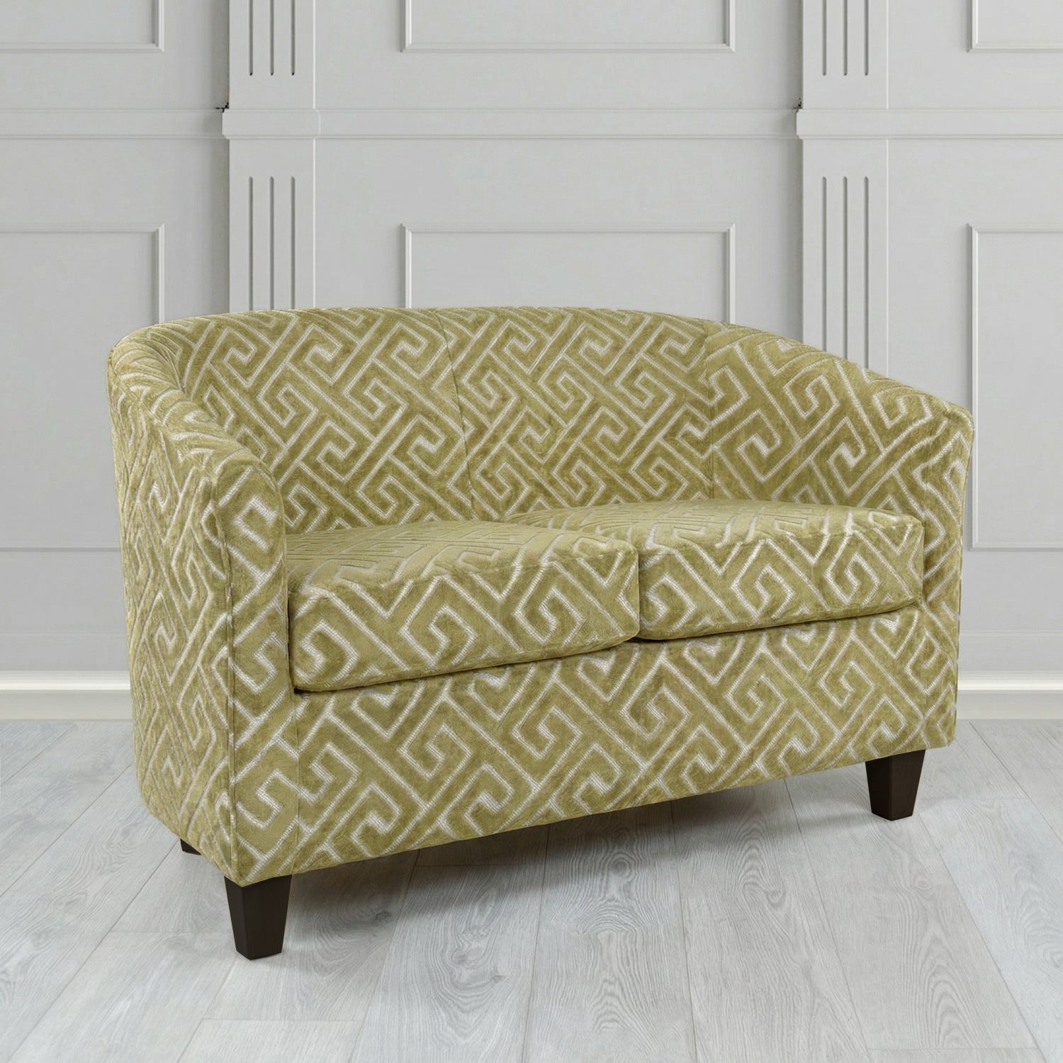 Devon 2 Seater Tub Sofa in Cristina Marrone Extravaganza Greek Key Geometric Fabric