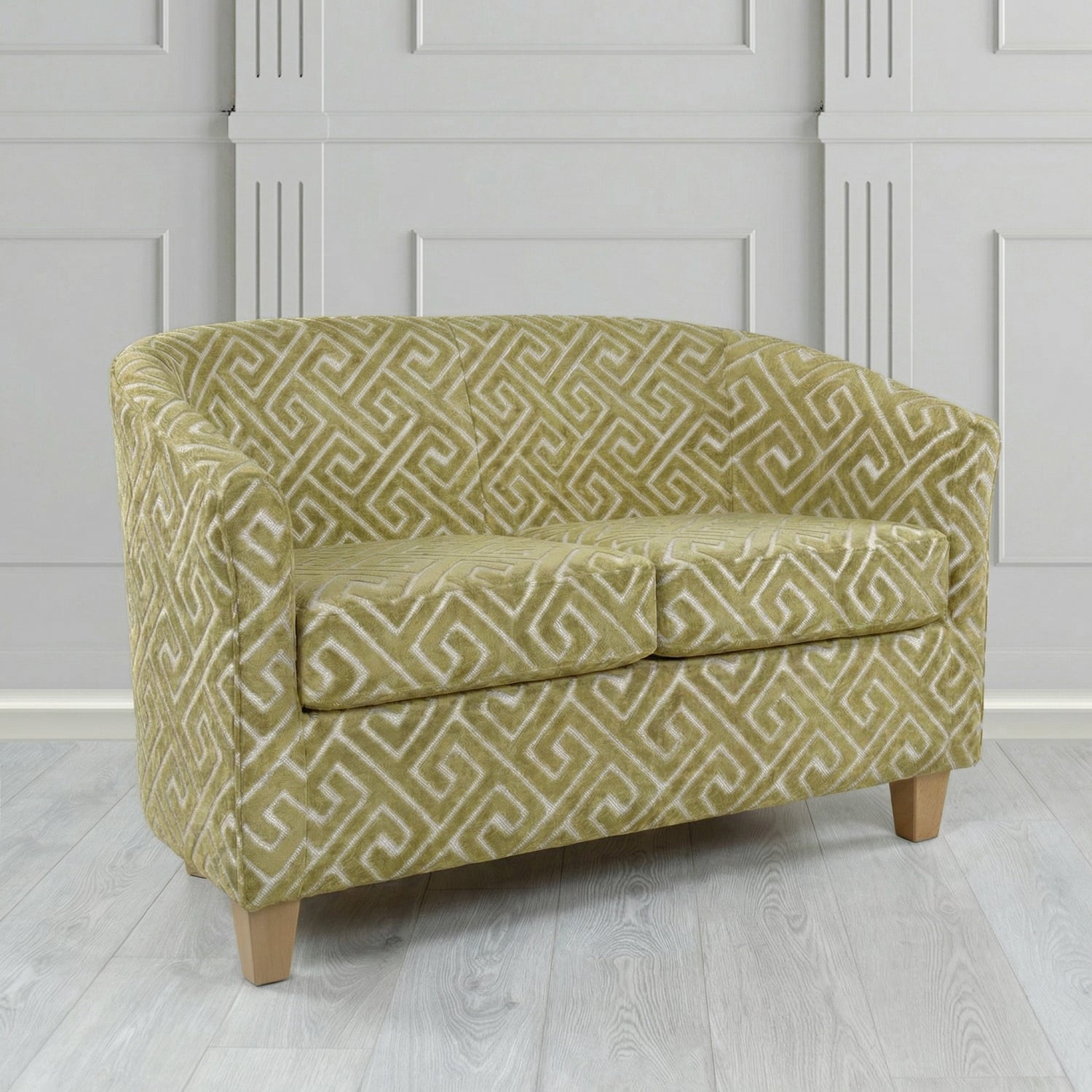 Devon 2 Seater Tub Sofa in Cristina Marrone Extravaganza Greek Key Geometric Fabric