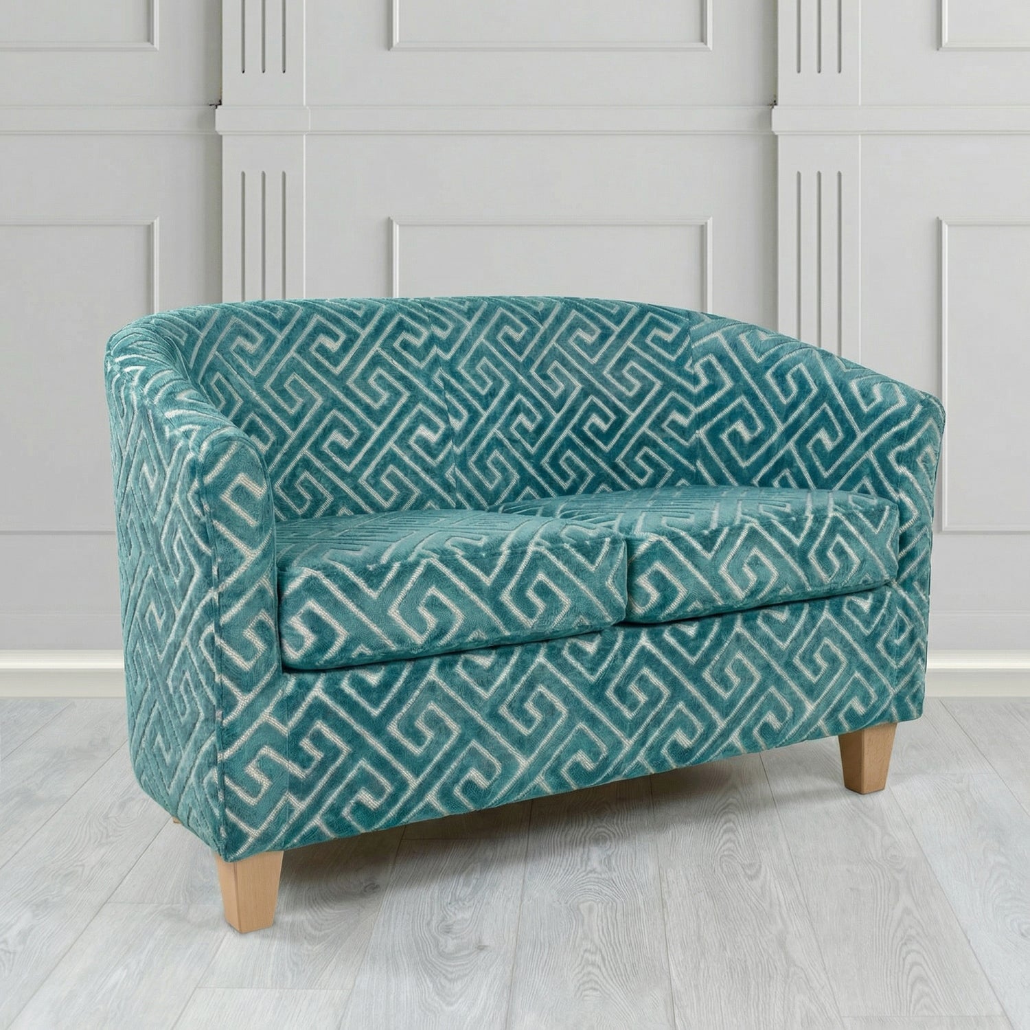 Devon 2 Seater Tub Sofa in Cristina Marrone Extravaganza Greek Key Geometric Fabric