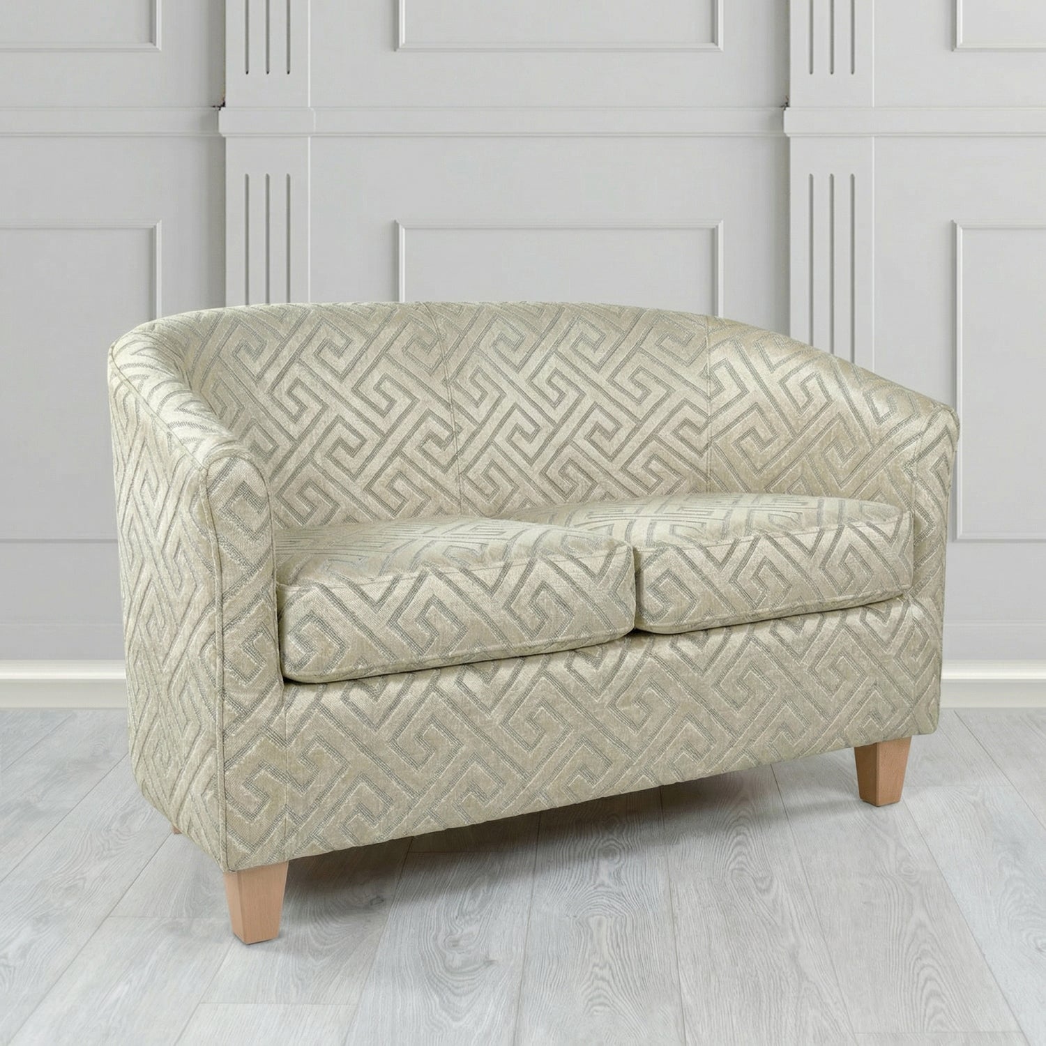 Devon 2 Seater Tub Sofa in Cristina Marrone Extravaganza Greek Key Geometric Fabric