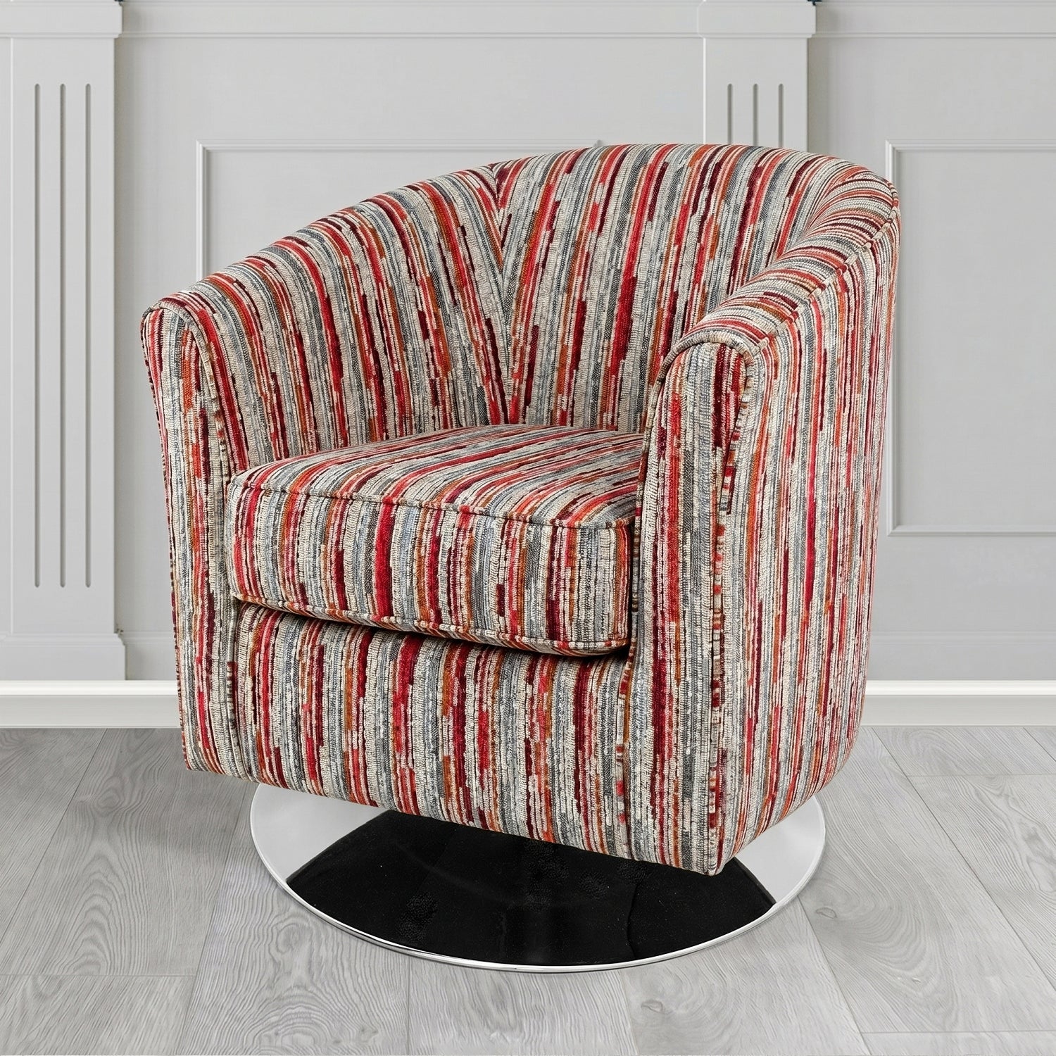 Devon Swivel Tub Chair in Cristina Marrone Extravaganza Stripe Fabric