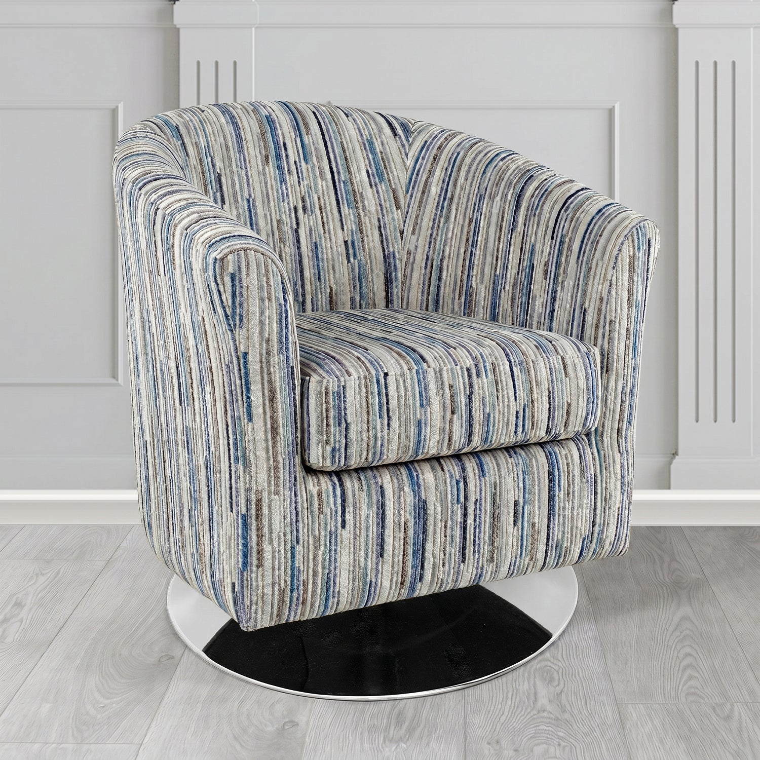 Devon Swivel Tub Chair in Cristina Marrone Extravaganza Stripe Fabric