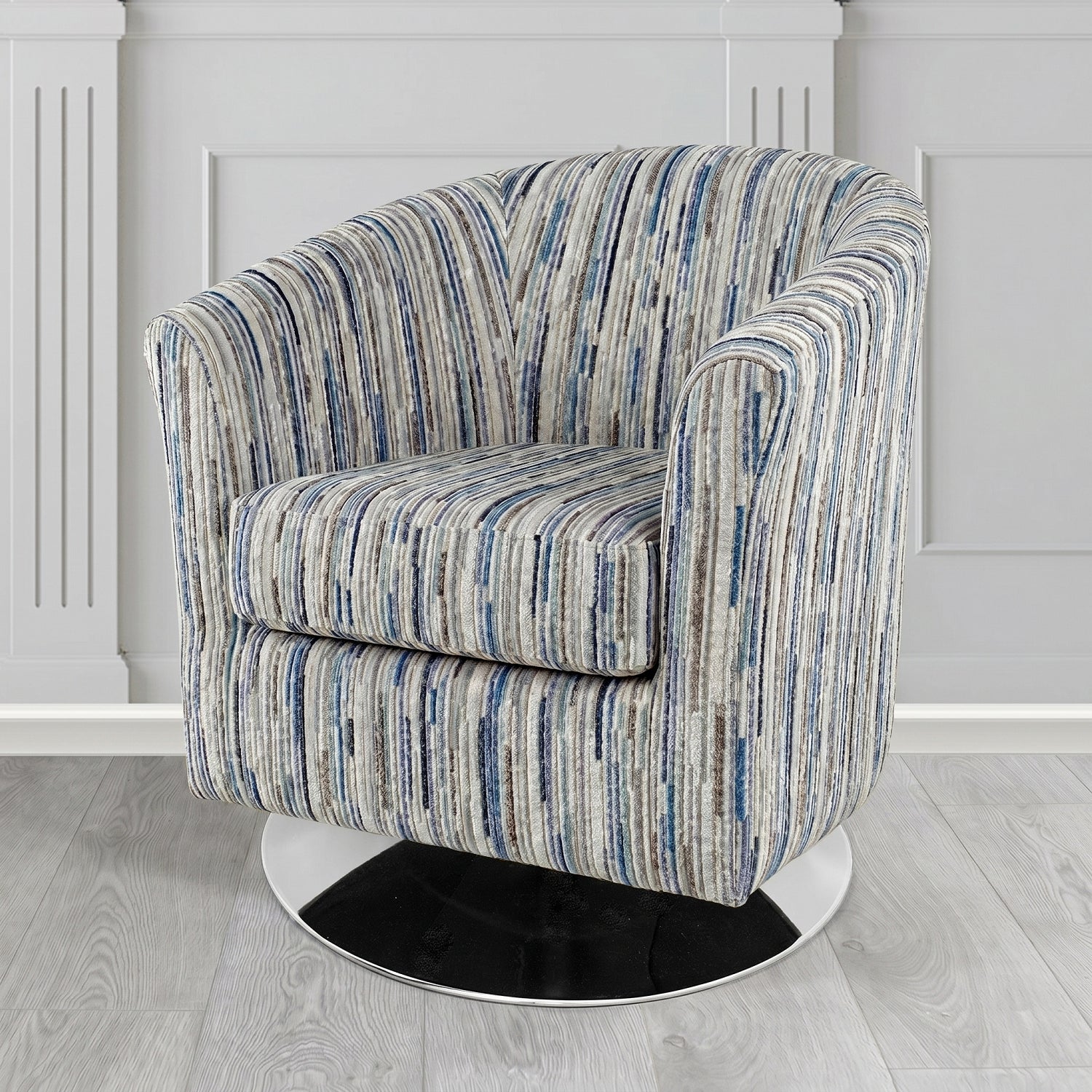 Devon Swivel Tub Chair in Cristina Marrone Extravaganza Stripe Fabric