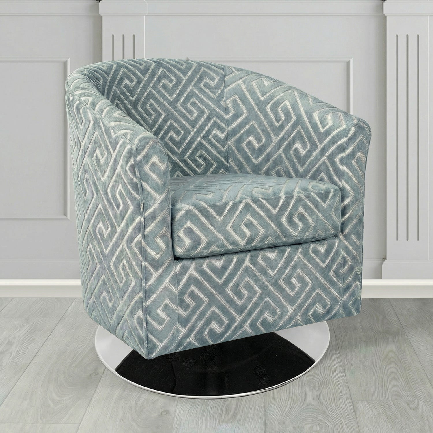 Devon Swivel Tub Chair in Cristina Marrone Extravaganza Greek Key Geometric Fabric
