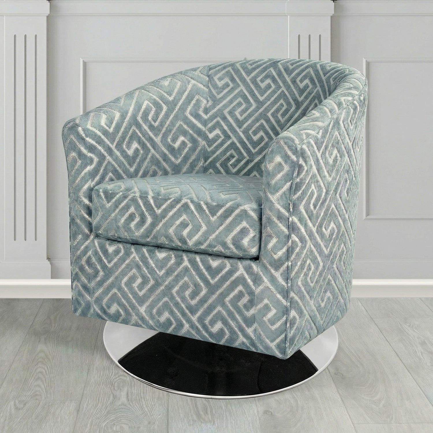 Devon Swivel Tub Chair in Cristina Marrone Extravaganza Greek Key Geometric Fabric
