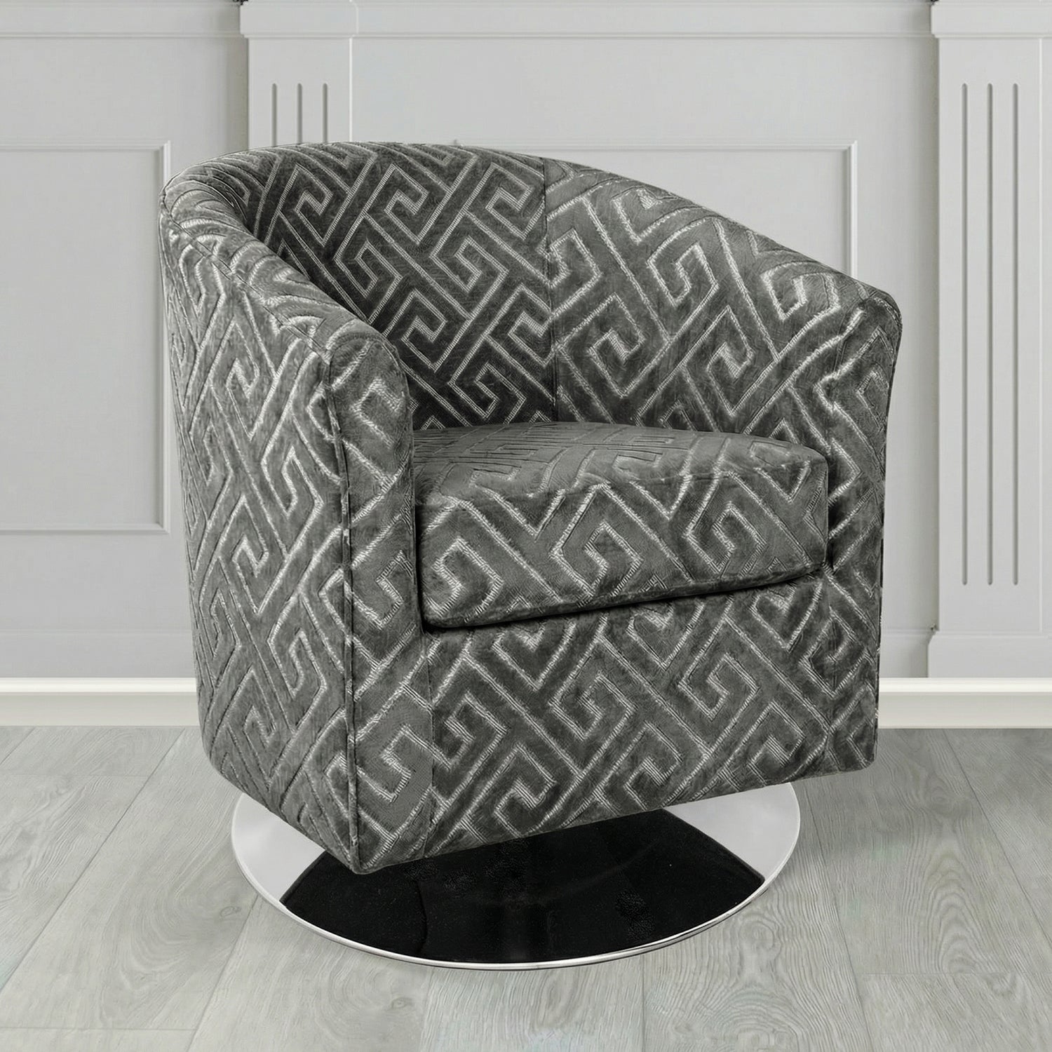 Devon Swivel Tub Chair in Cristina Marrone Extravaganza Greek Key Geometric Fabric