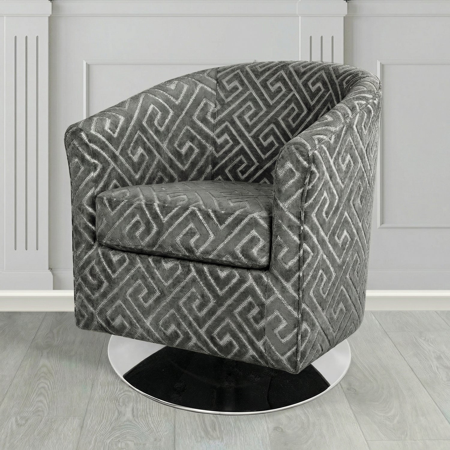 Devon Swivel Tub Chair in Cristina Marrone Extravaganza Greek Key Geometric Fabric
