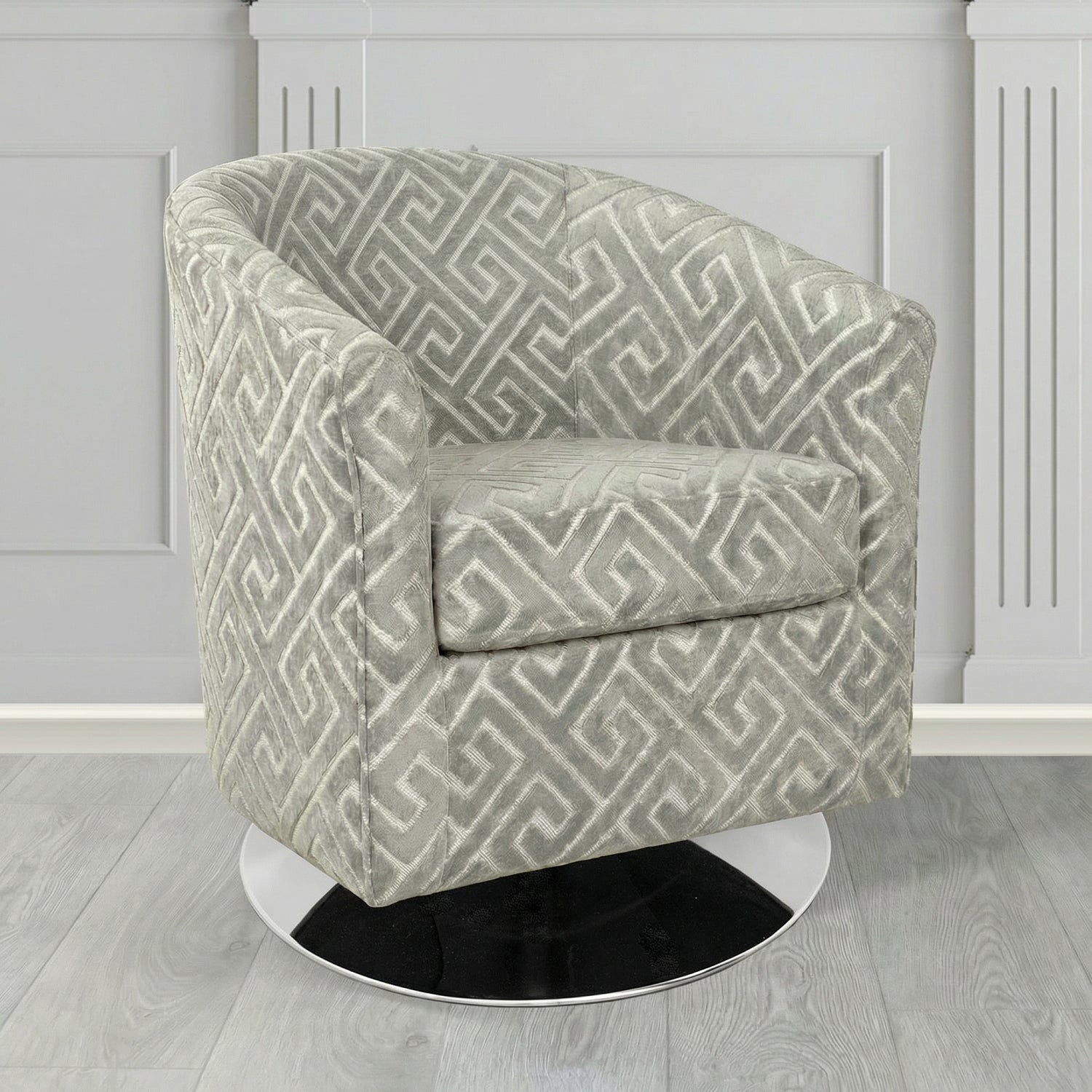 Devon Swivel Tub Chair in Cristina Marrone Extravaganza Greek Key Geometric Fabric