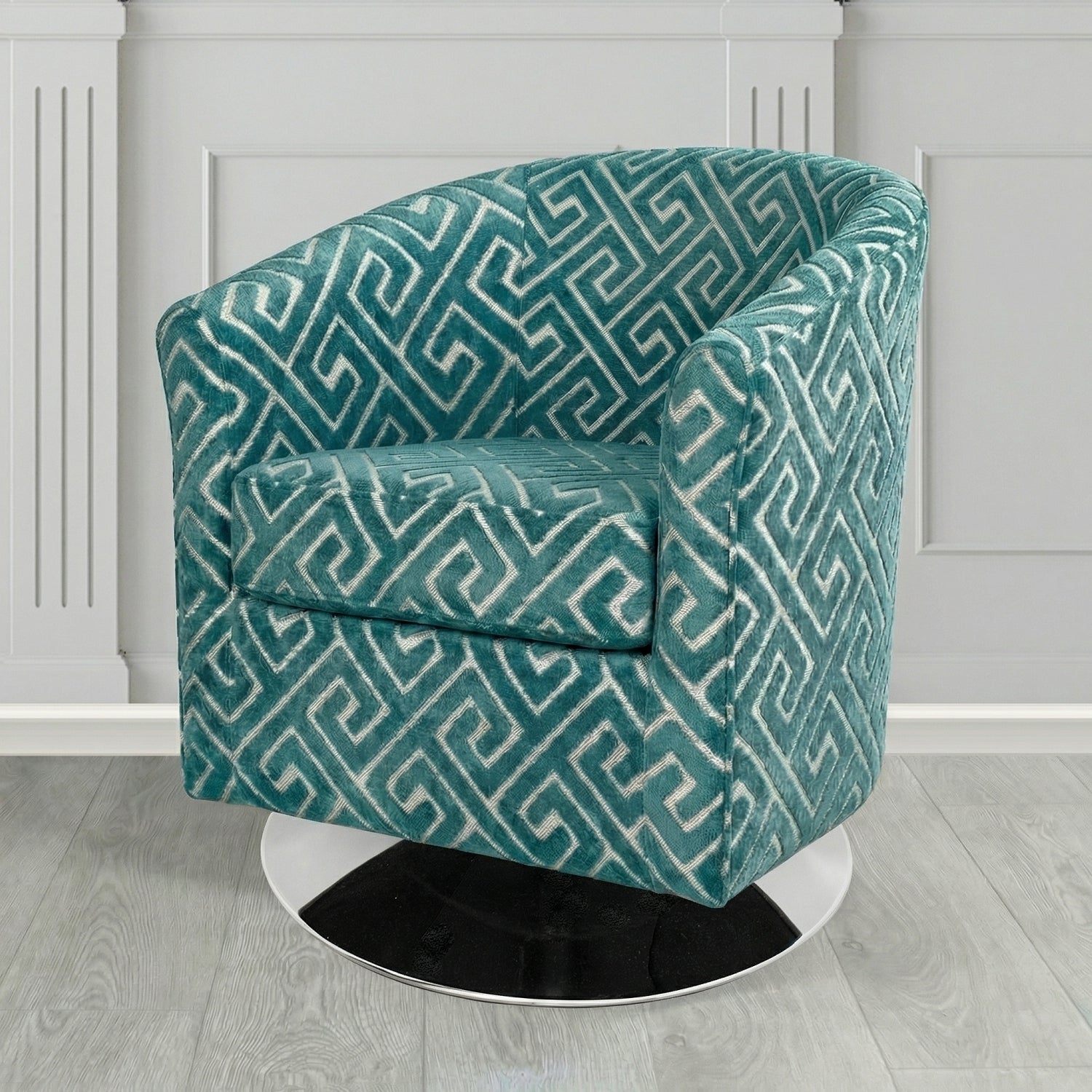 Devon Swivel Tub Chair in Cristina Marrone Extravaganza Greek Key Geometric Fabric