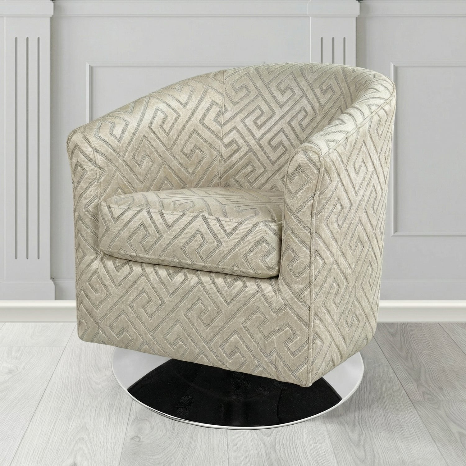 Devon Swivel Tub Chair in Cristina Marrone Extravaganza Greek Key Geometric Fabric