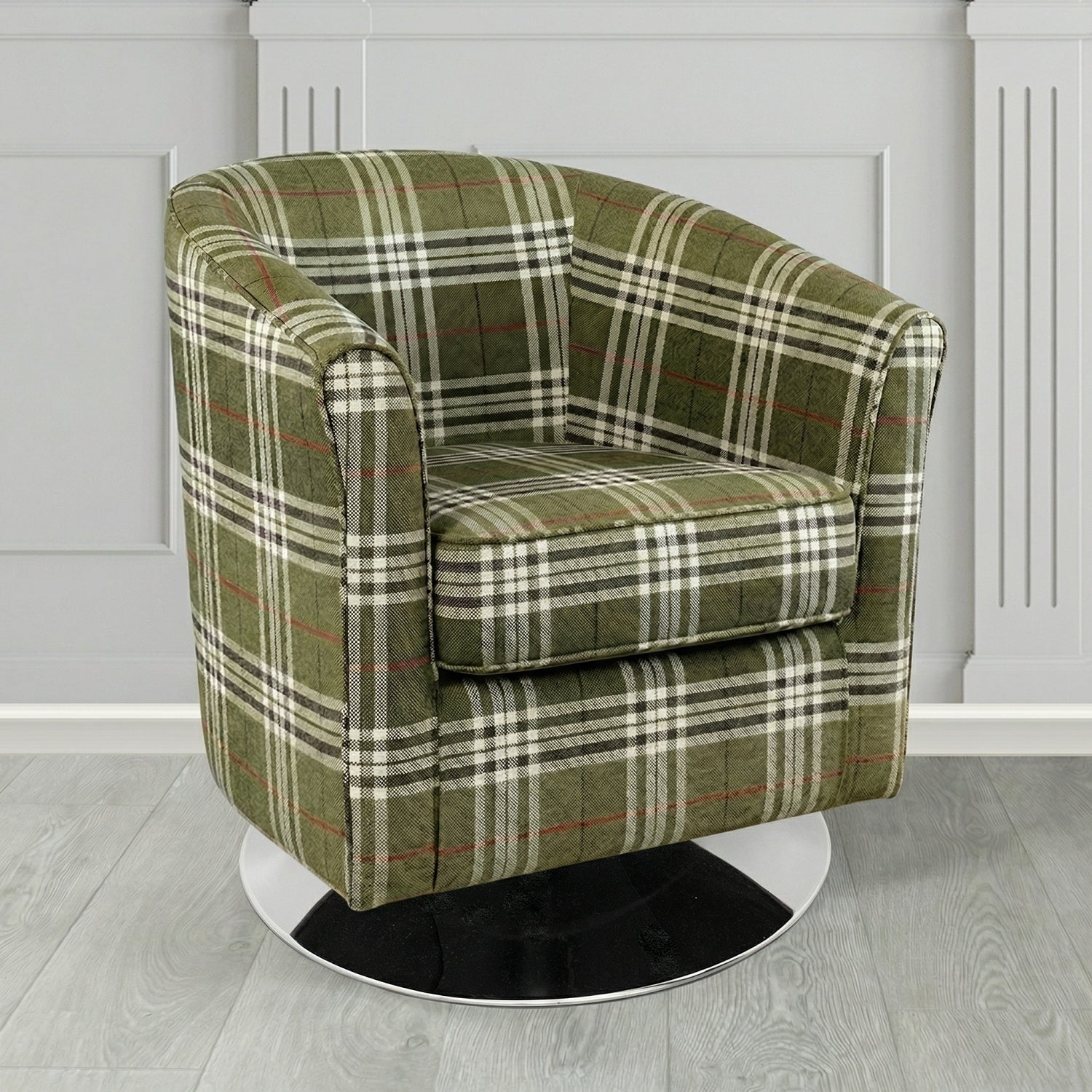 Devon Swivel Tub Chair in Panaz Fabrics Hunter Check Crib 5 Tartan Fabric