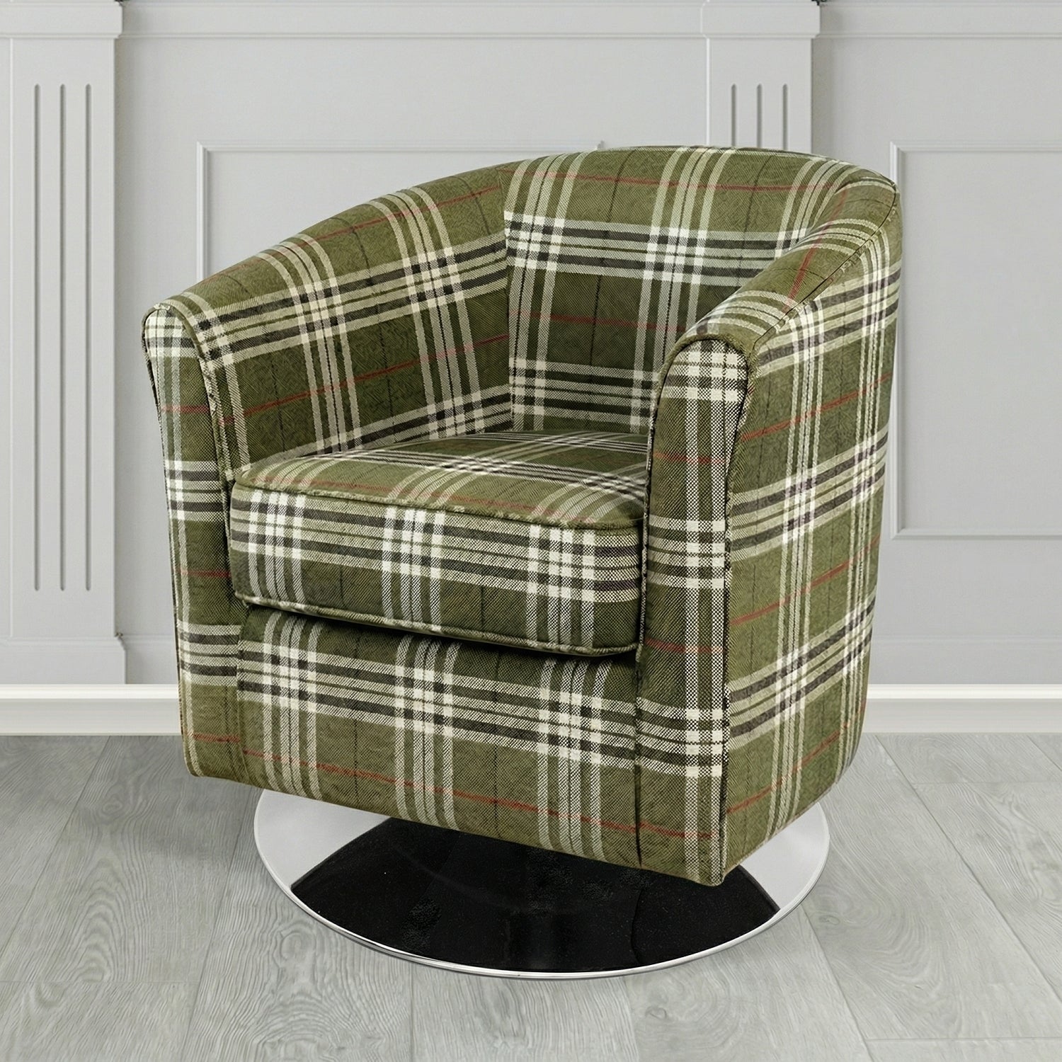 Devon Swivel Tub Chair in Panaz Fabrics Hunter Check Crib 5 Tartan Fabric