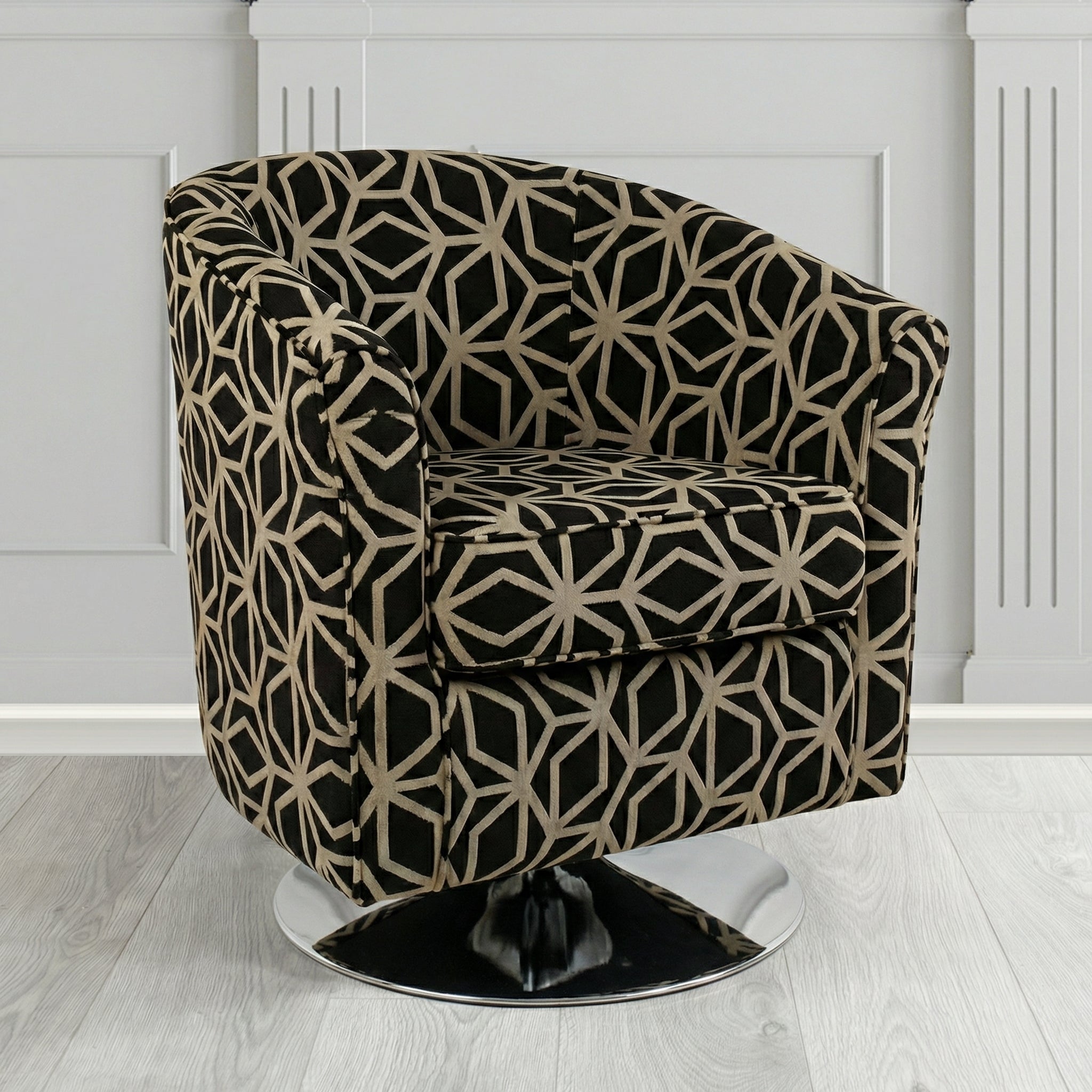 Devon Swivel Tub Chair in Panaz Fabrics Lexington Corinthia Geometric Crib 5 Velvet Fabric