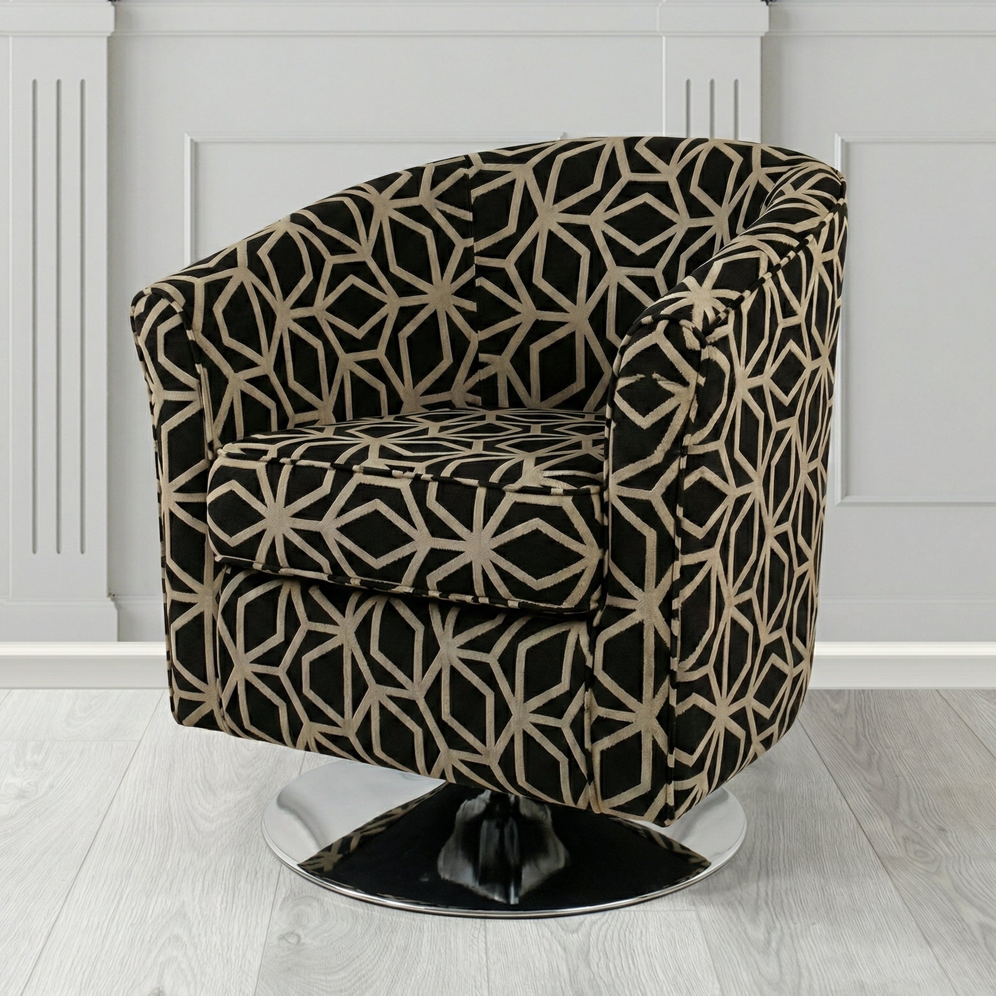 Devon Swivel Tub Chair in Panaz Fabrics Lexington Corinthia Geometric Crib 5 Velvet Fabric