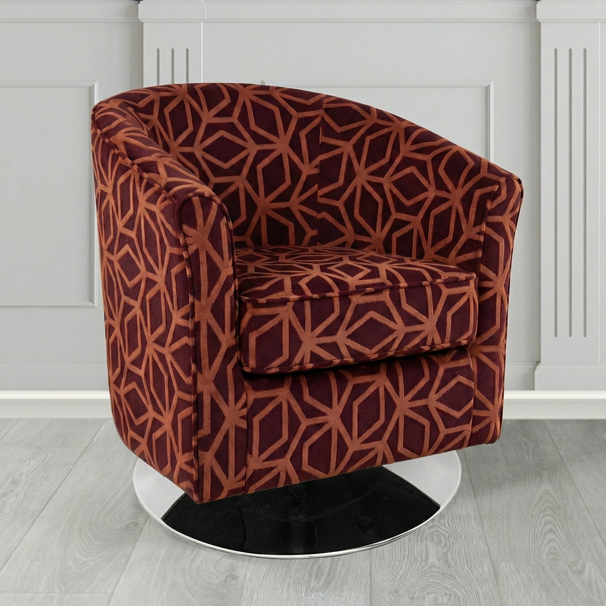 Devon Swivel Tub Chair in Panaz Fabrics Lexington Corinthia Geometric Crib 5 Velvet Fabric