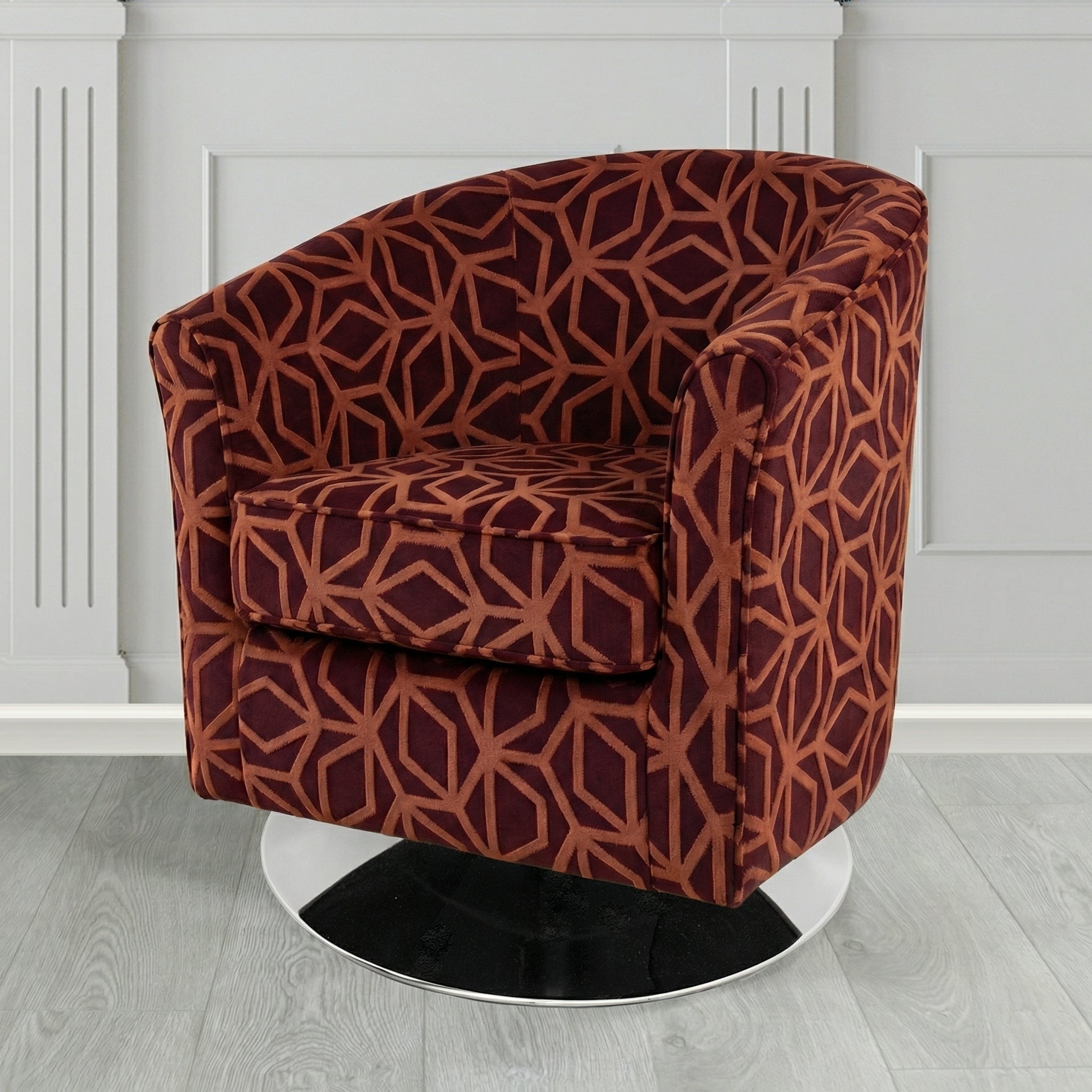 Devon Swivel Tub Chair in Panaz Fabrics Lexington Corinthia Geometric Crib 5 Velvet Fabric