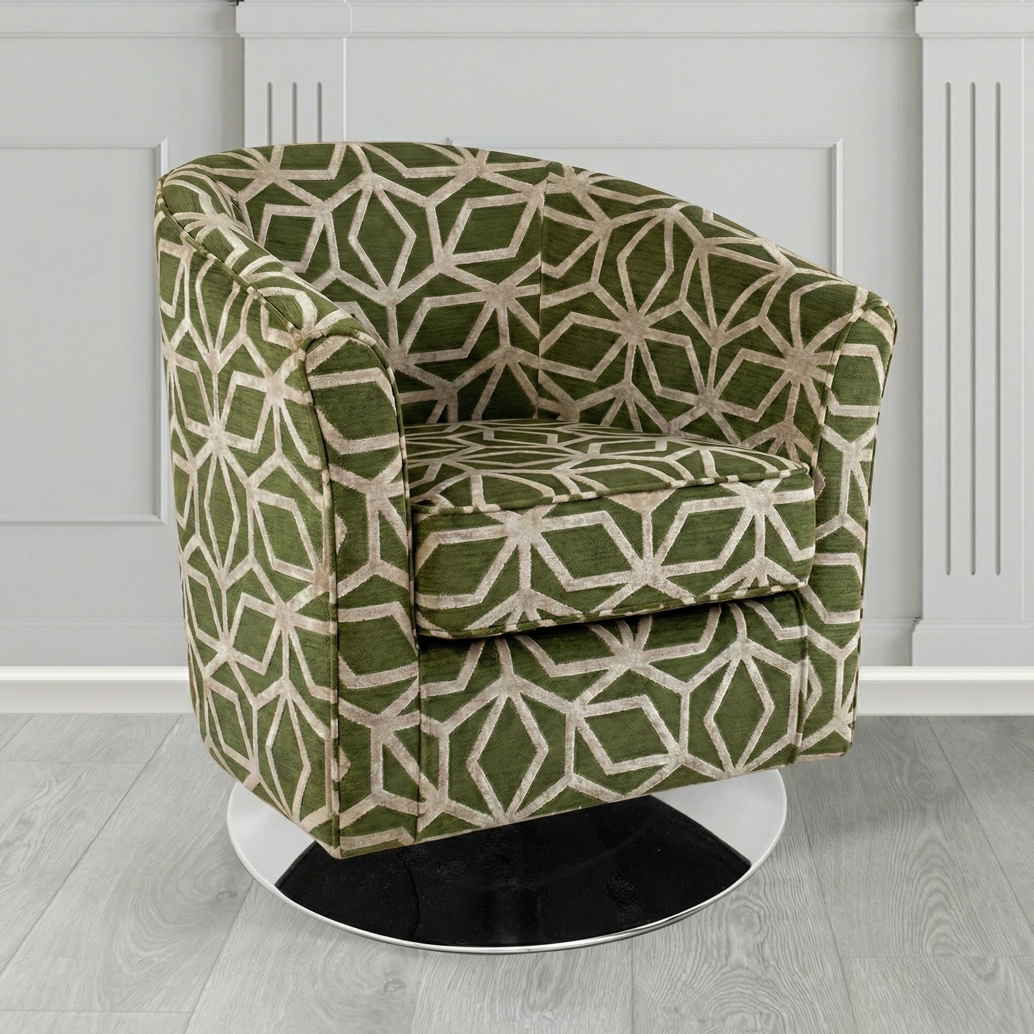 Devon Swivel Tub Chair in Panaz Fabrics Lexington Corinthia Geometric Crib 5 Velvet Fabric