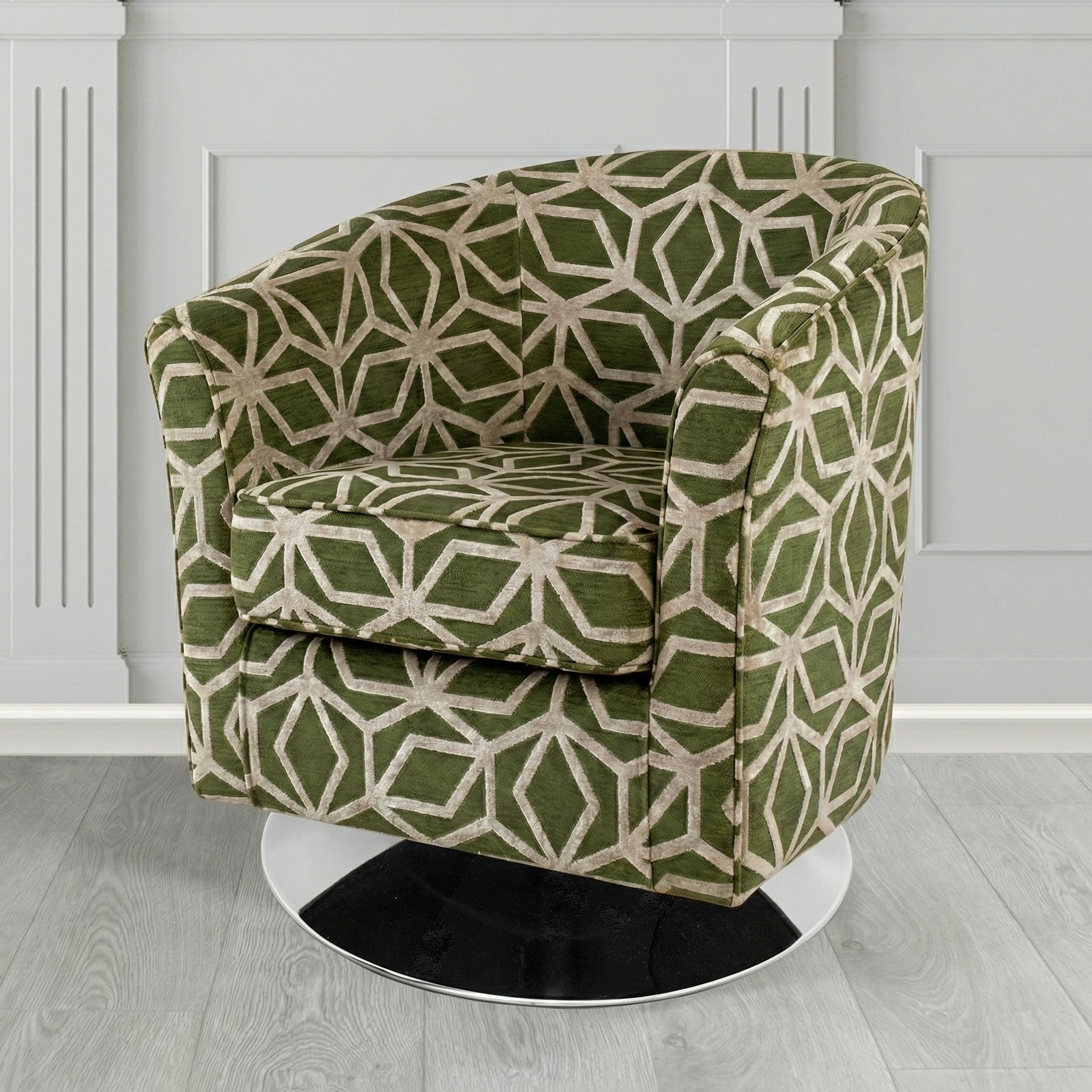 Devon Swivel Tub Chair in Panaz Fabrics Lexington Corinthia Geometric Crib 5 Velvet Fabric