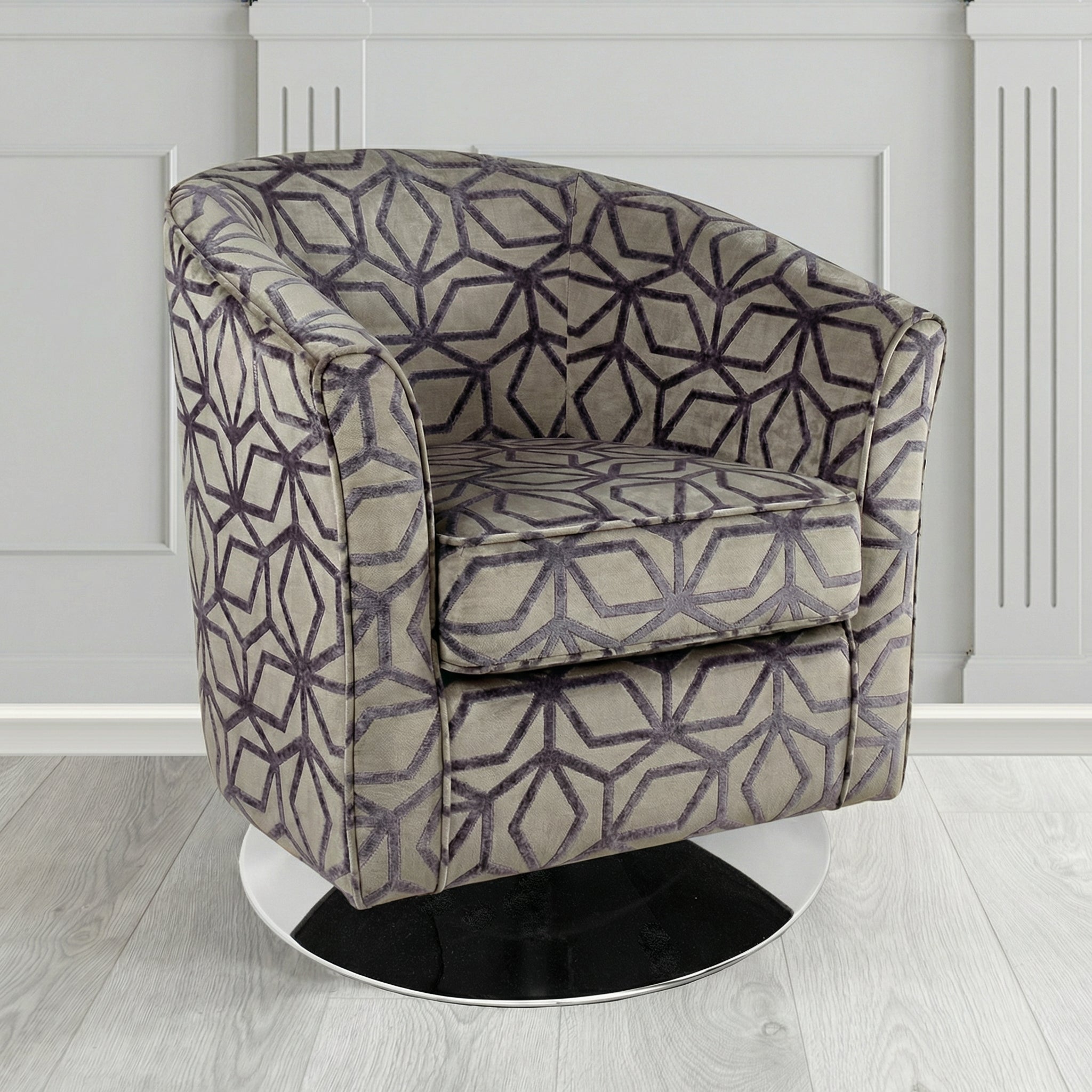Devon Swivel Tub Chair in Panaz Fabrics Lexington Corinthia Geometric Crib 5 Velvet Fabric
