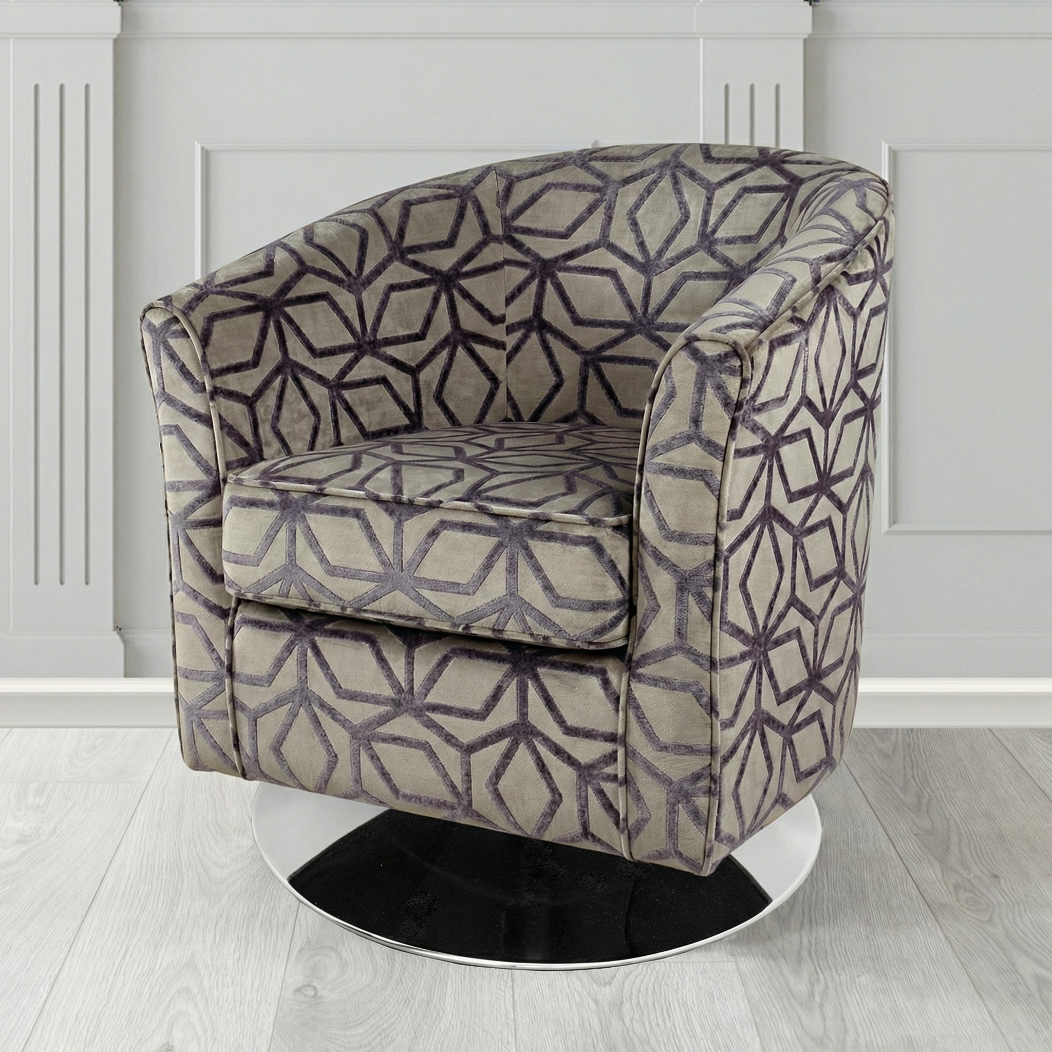 Devon Swivel Tub Chair in Panaz Fabrics Lexington Corinthia Geometric Crib 5 Velvet Fabric