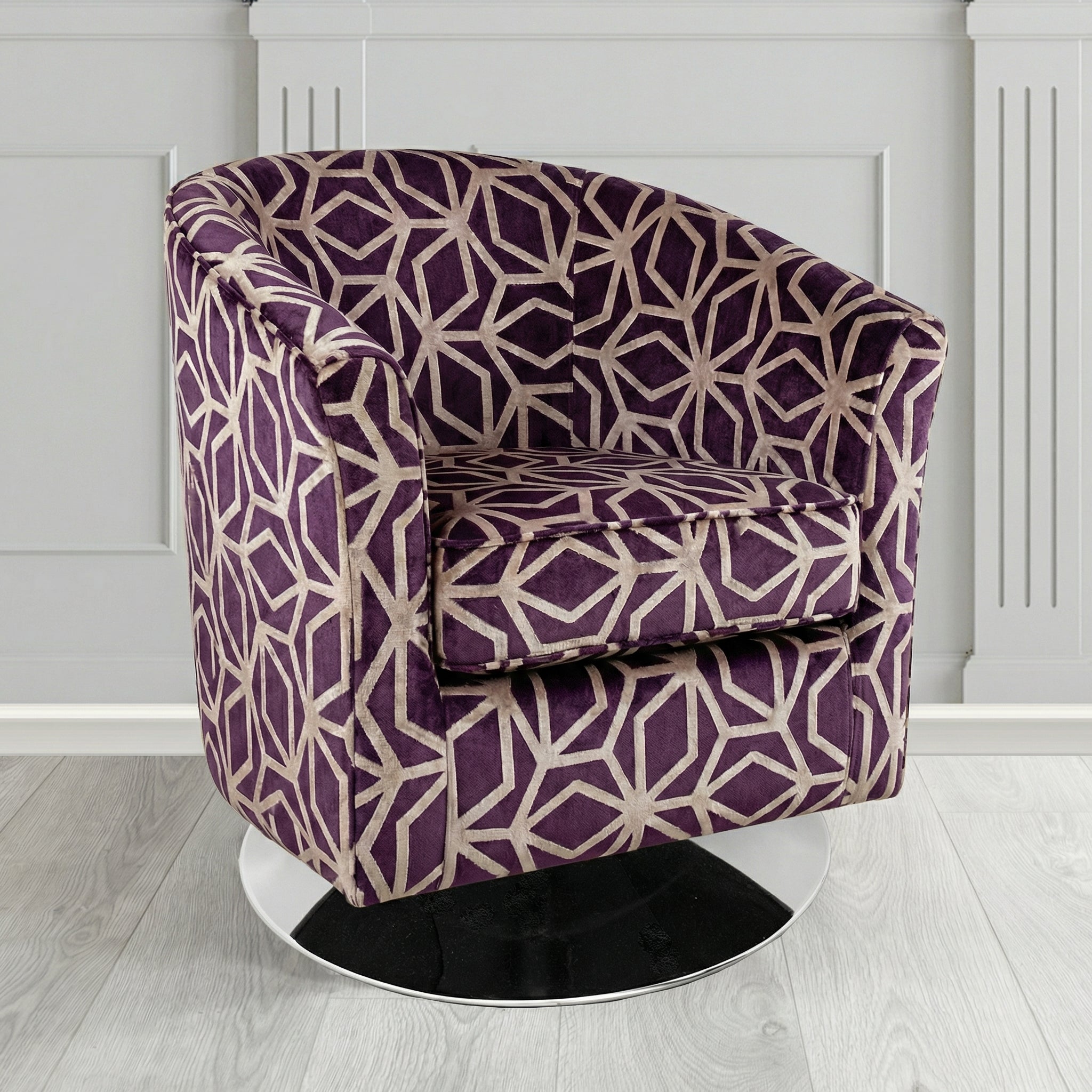Devon Swivel Tub Chair in Panaz Fabrics Lexington Corinthia Geometric Crib 5 Velvet Fabric