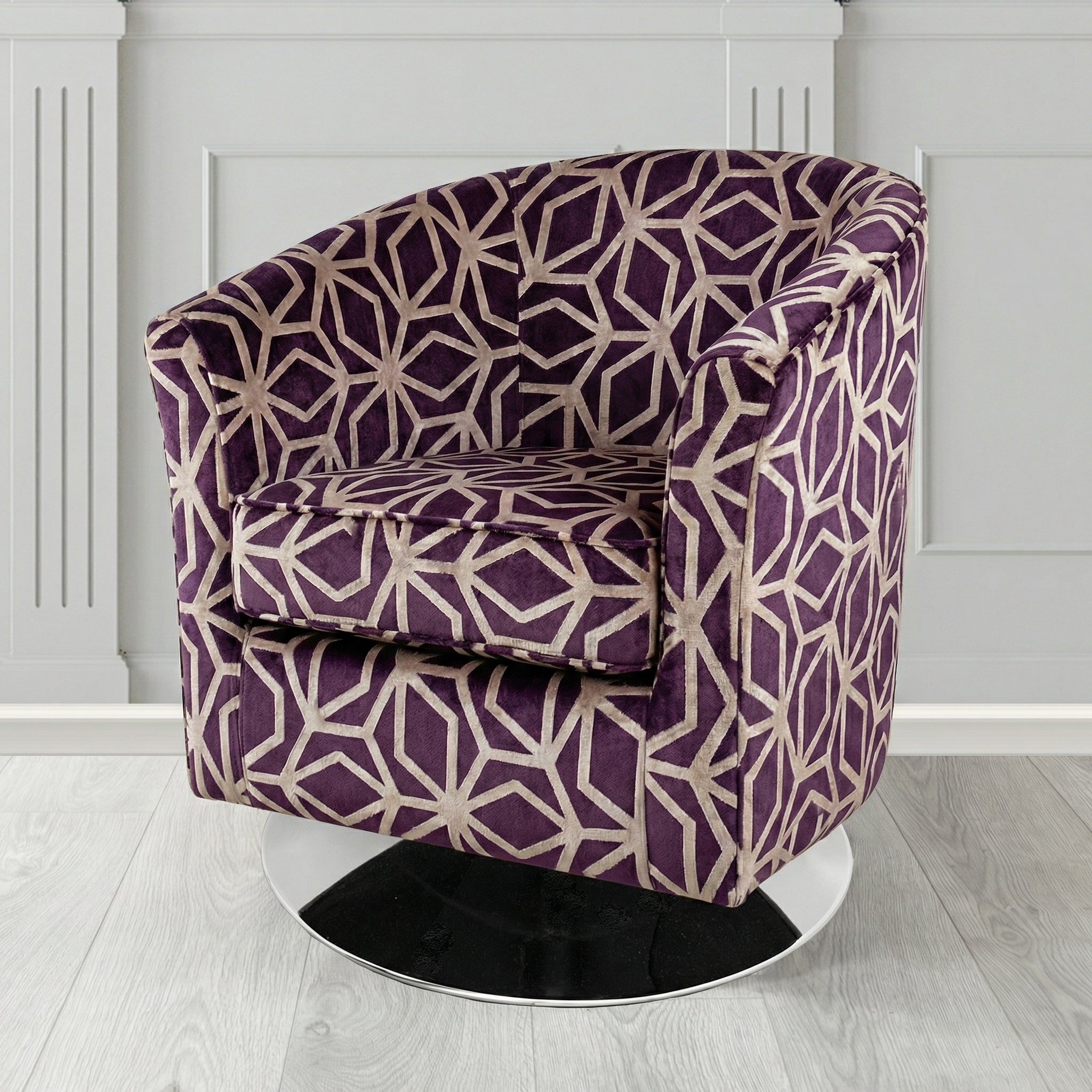 Devon Swivel Tub Chair in Panaz Fabrics Lexington Corinthia Geometric Crib 5 Velvet Fabric