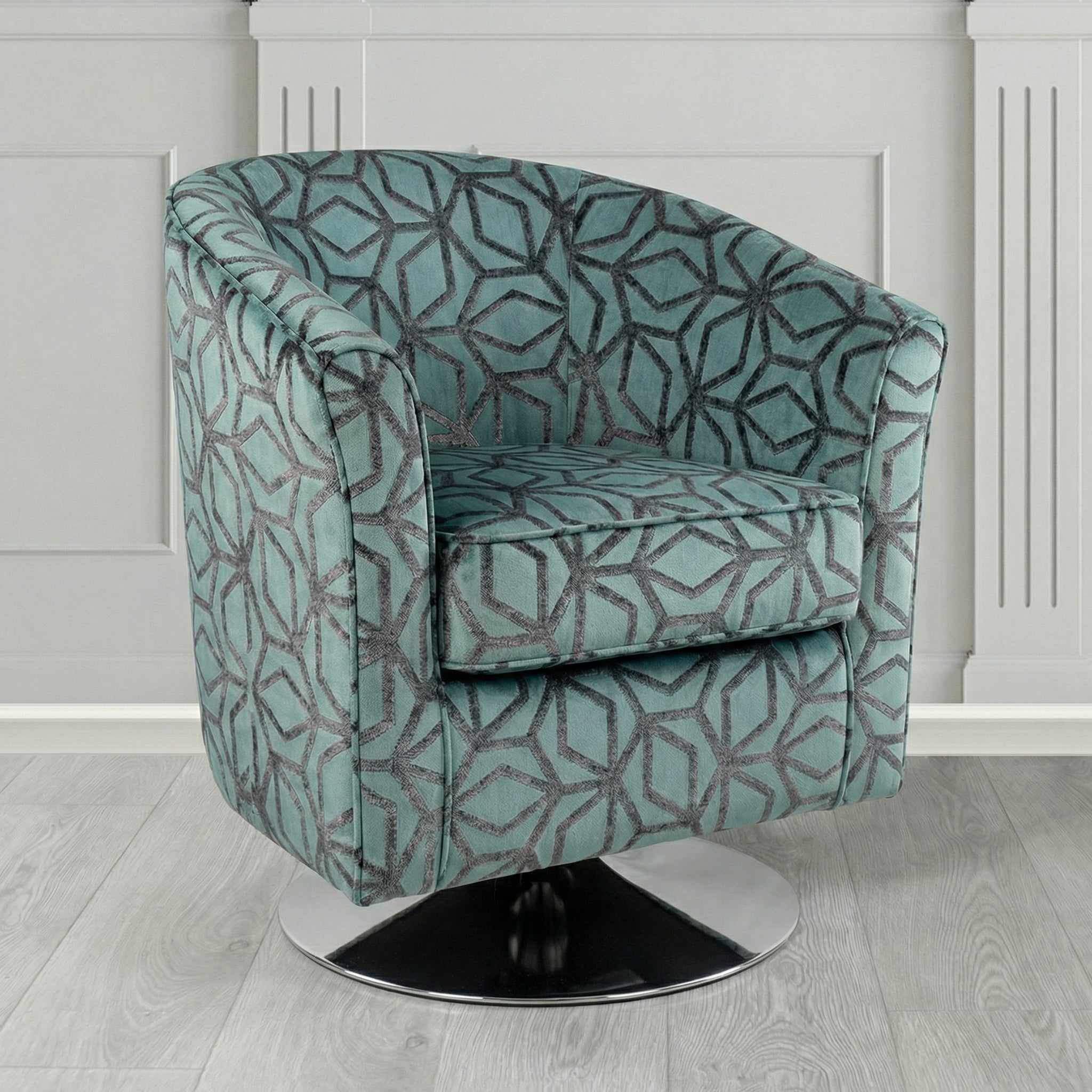 Devon Swivel Tub Chair in Panaz Fabrics Lexington Corinthia Geometric Crib 5 Velvet Fabric