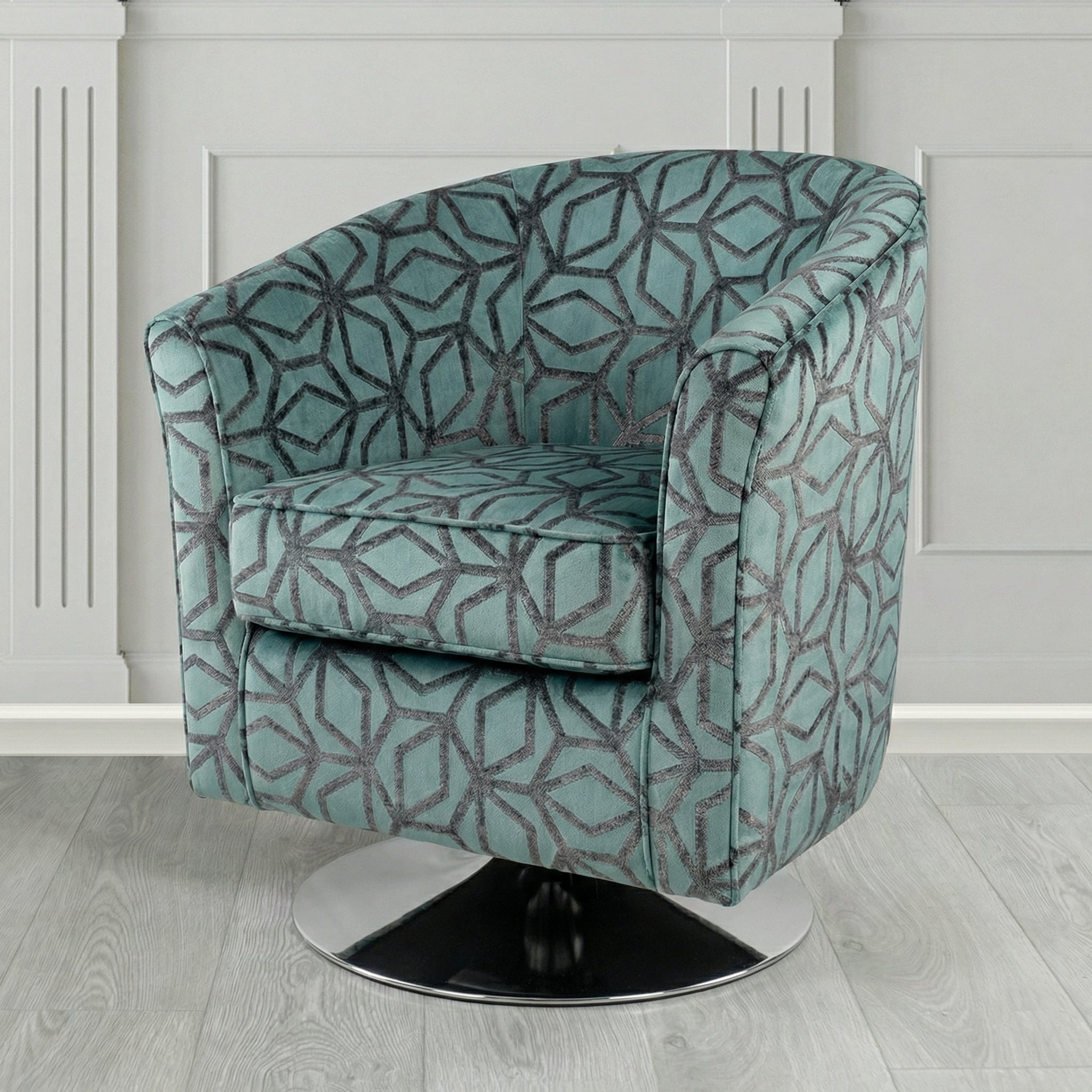 Devon Swivel Tub Chair in Panaz Fabrics Lexington Corinthia Geometric Crib 5 Velvet Fabric