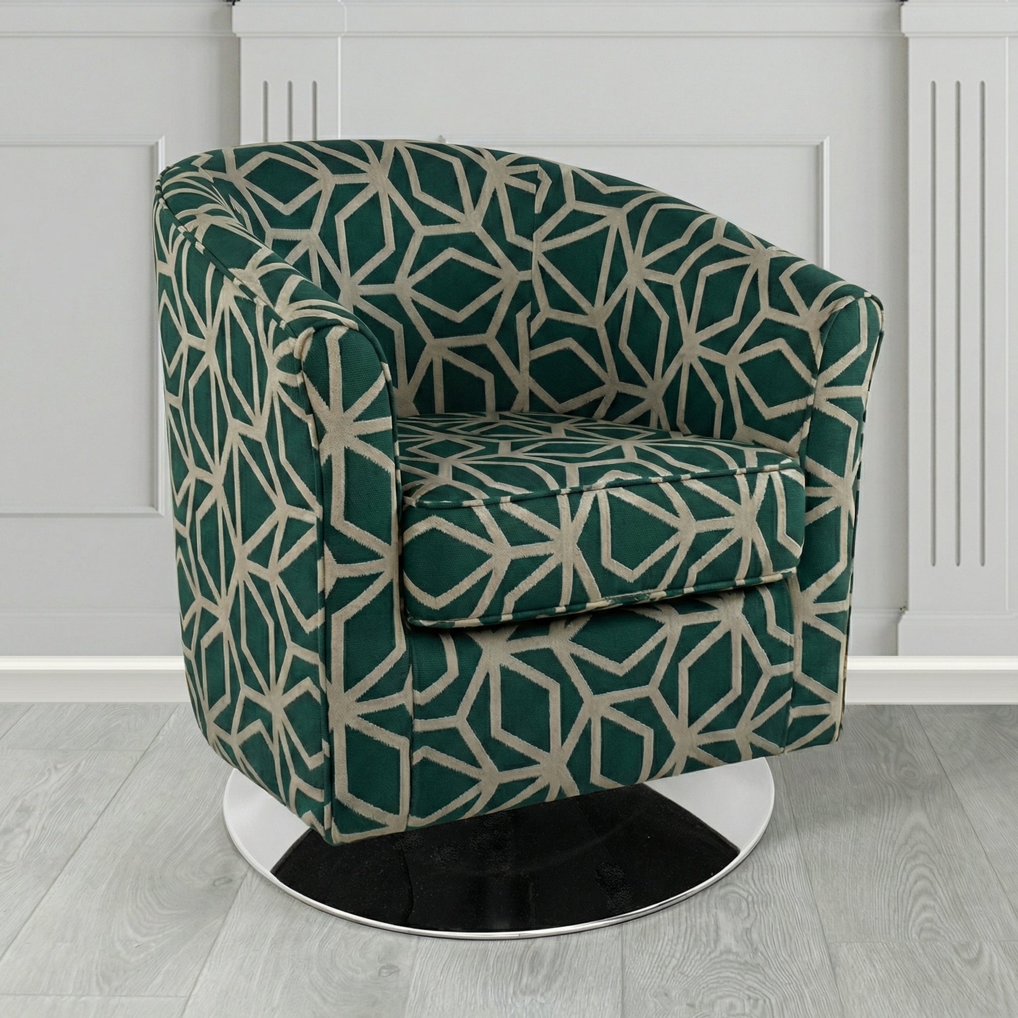 Devon Swivel Tub Chair in Panaz Fabrics Lexington Corinthia Geometric Crib 5 Velvet Fabric