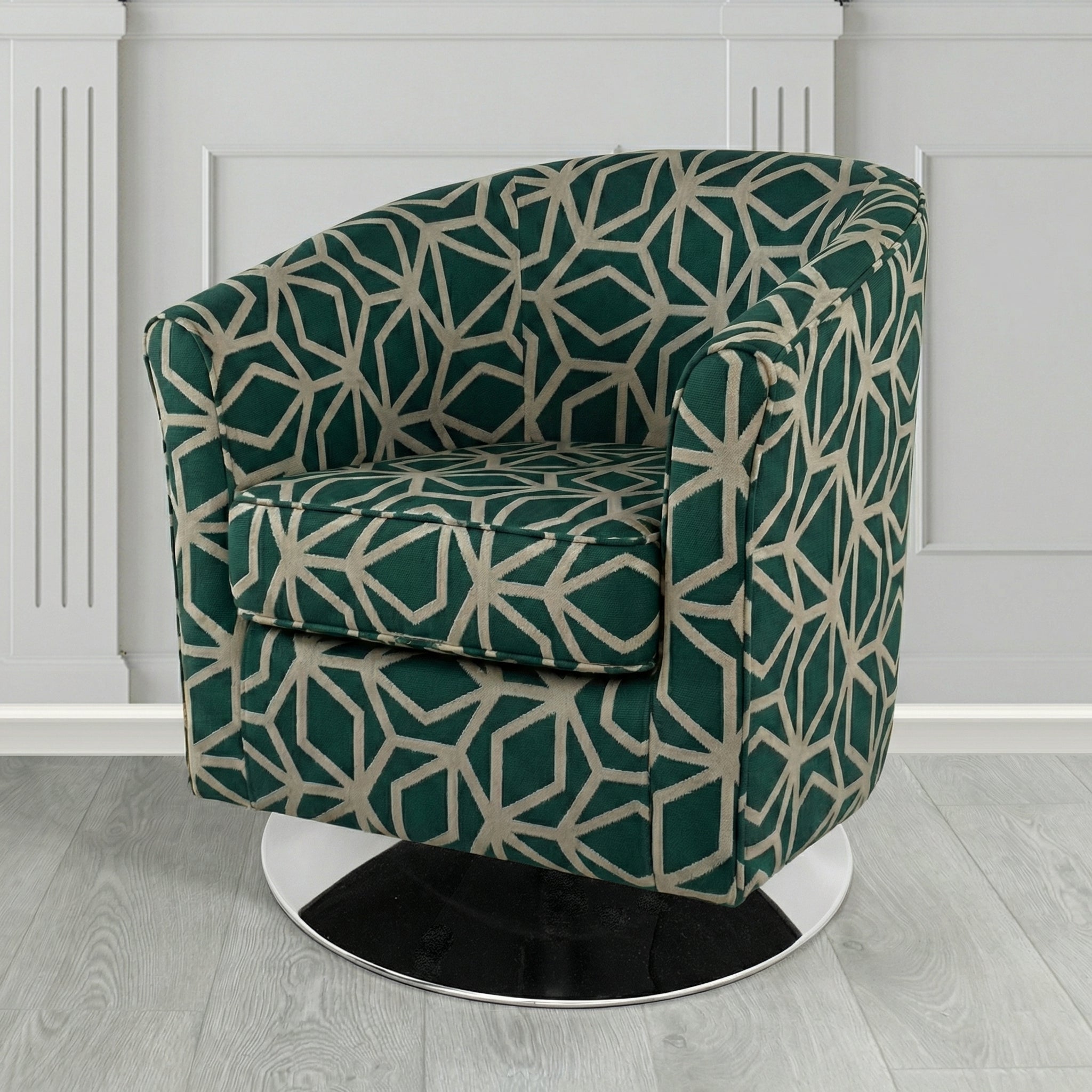 Devon Swivel Tub Chair in Panaz Fabrics Lexington Corinthia Geometric Crib 5 Velvet Fabric