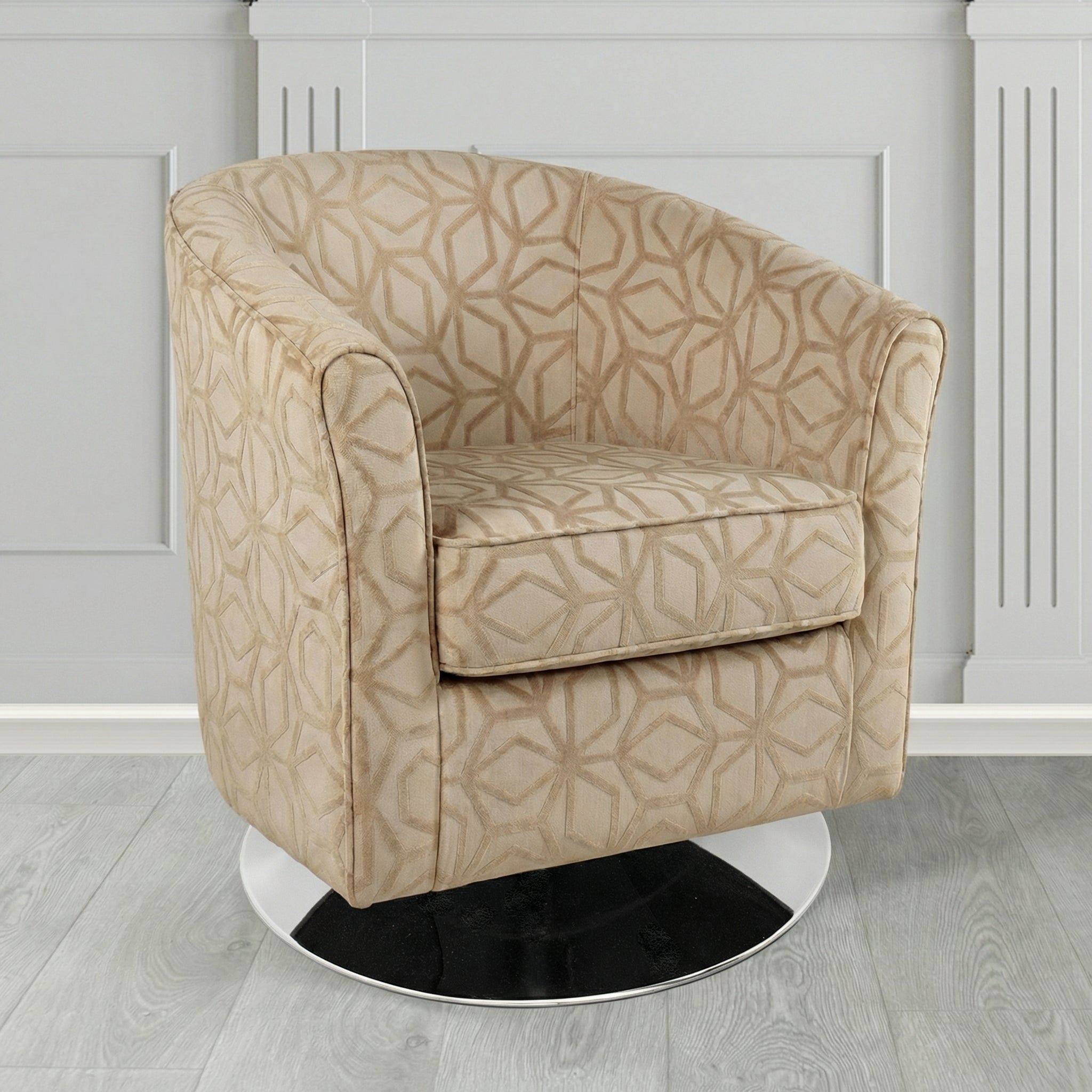 Devon Swivel Tub Chair in Panaz Fabrics Lexington Corinthia Geometric Crib 5 Velvet Fabric