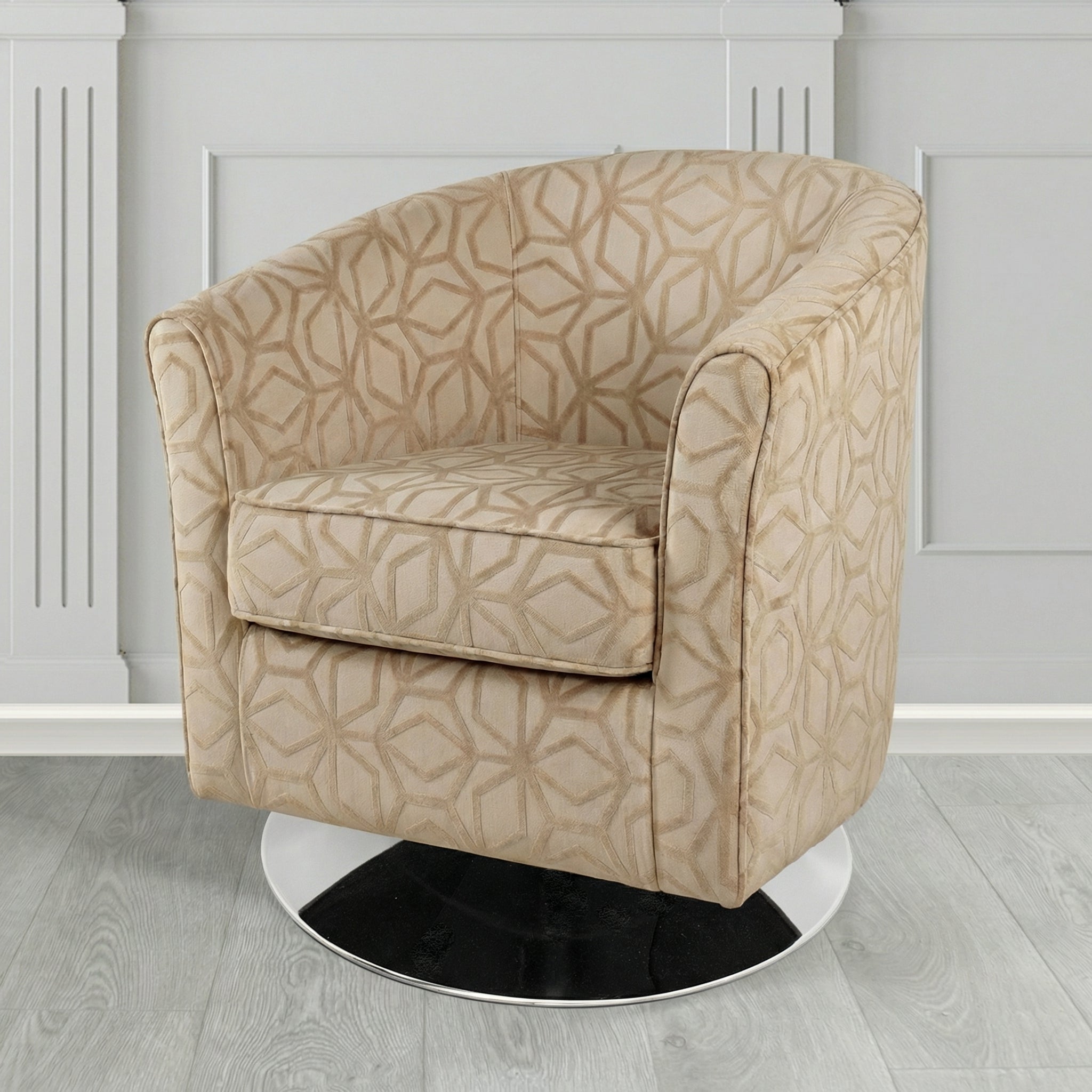 Devon Swivel Tub Chair in Panaz Fabrics Lexington Corinthia Geometric Crib 5 Velvet Fabric