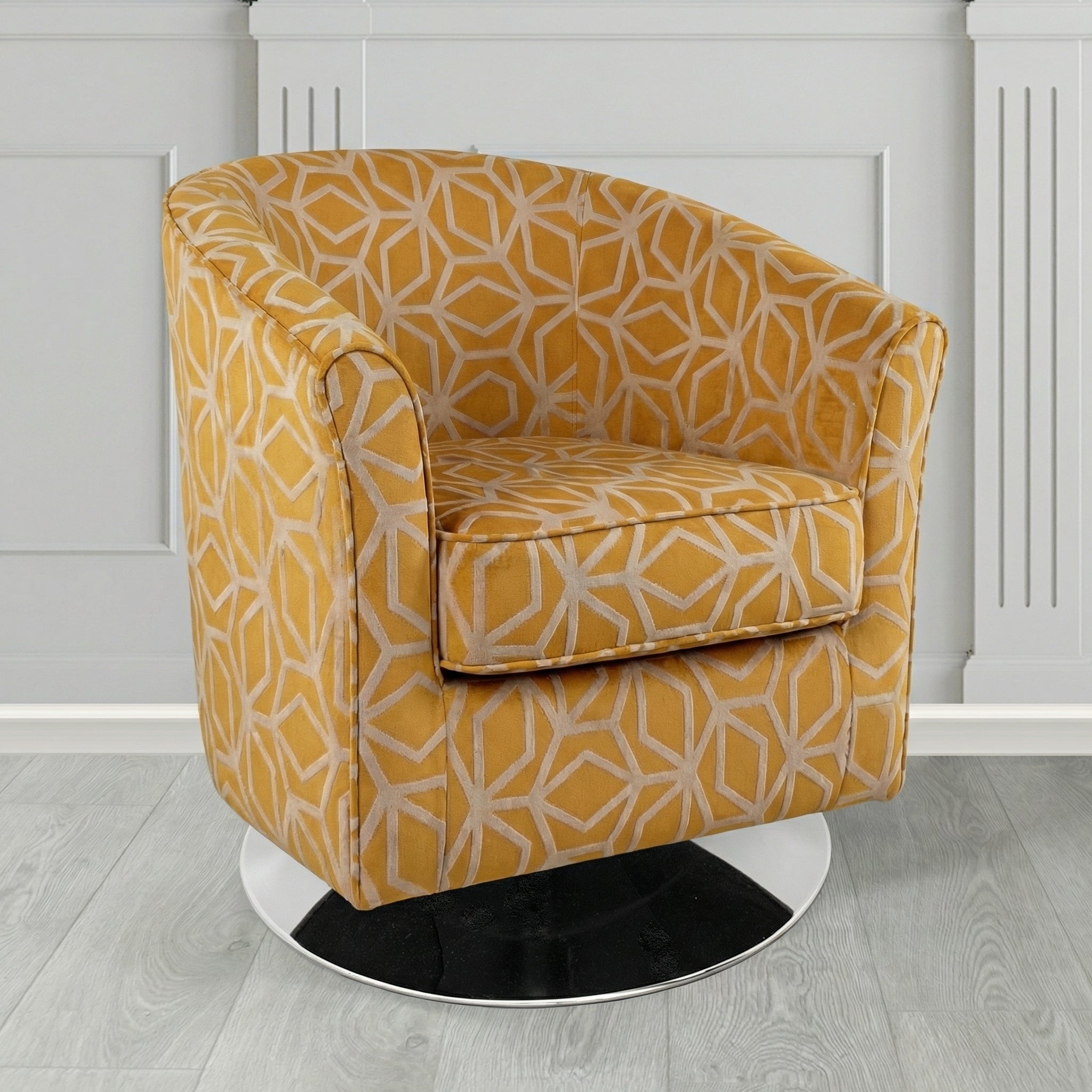 Devon Swivel Tub Chair in Panaz Fabrics Lexington Corinthia Geometric Crib 5 Velvet Fabric