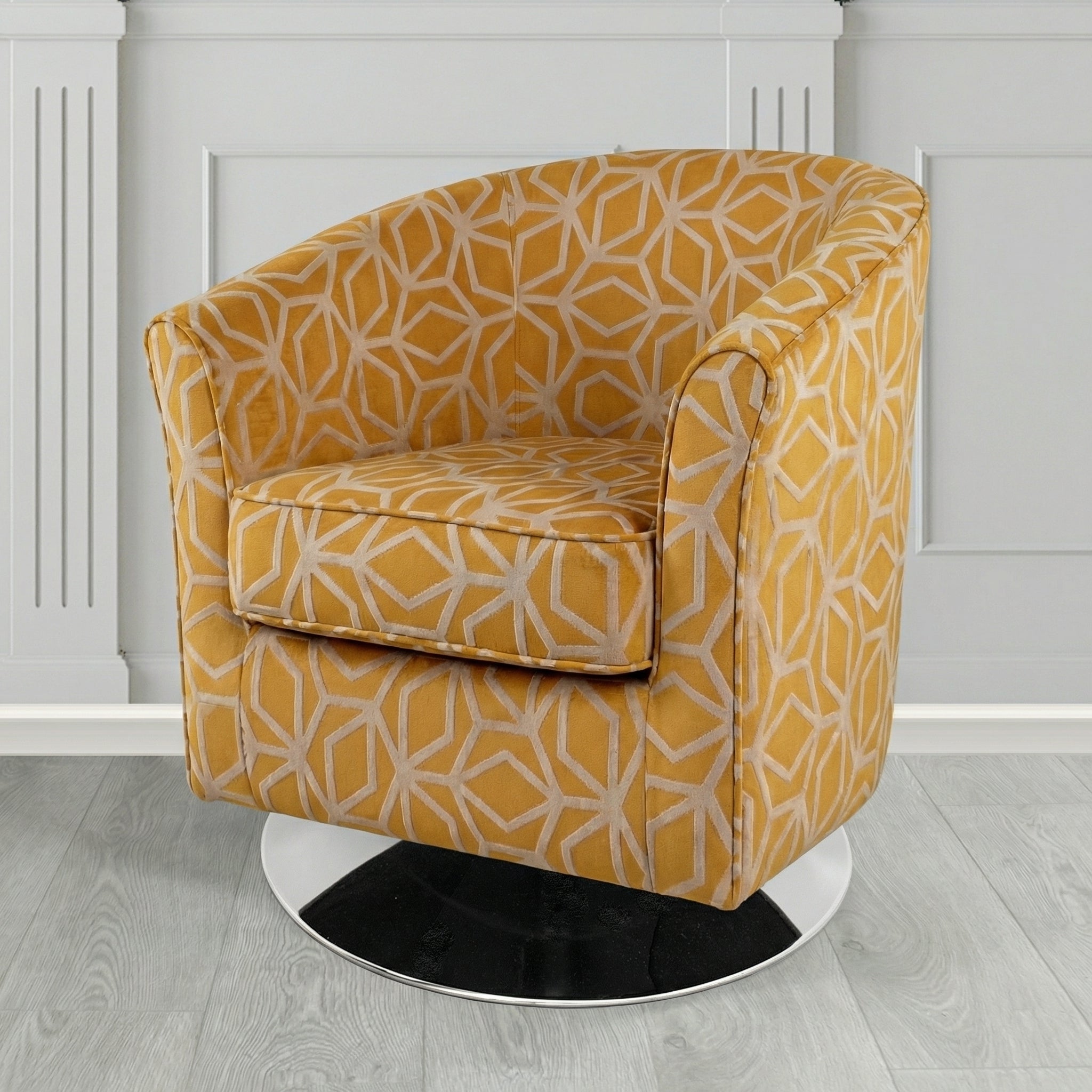 Devon Swivel Tub Chair in Panaz Fabrics Lexington Corinthia Geometric Crib 5 Velvet Fabric