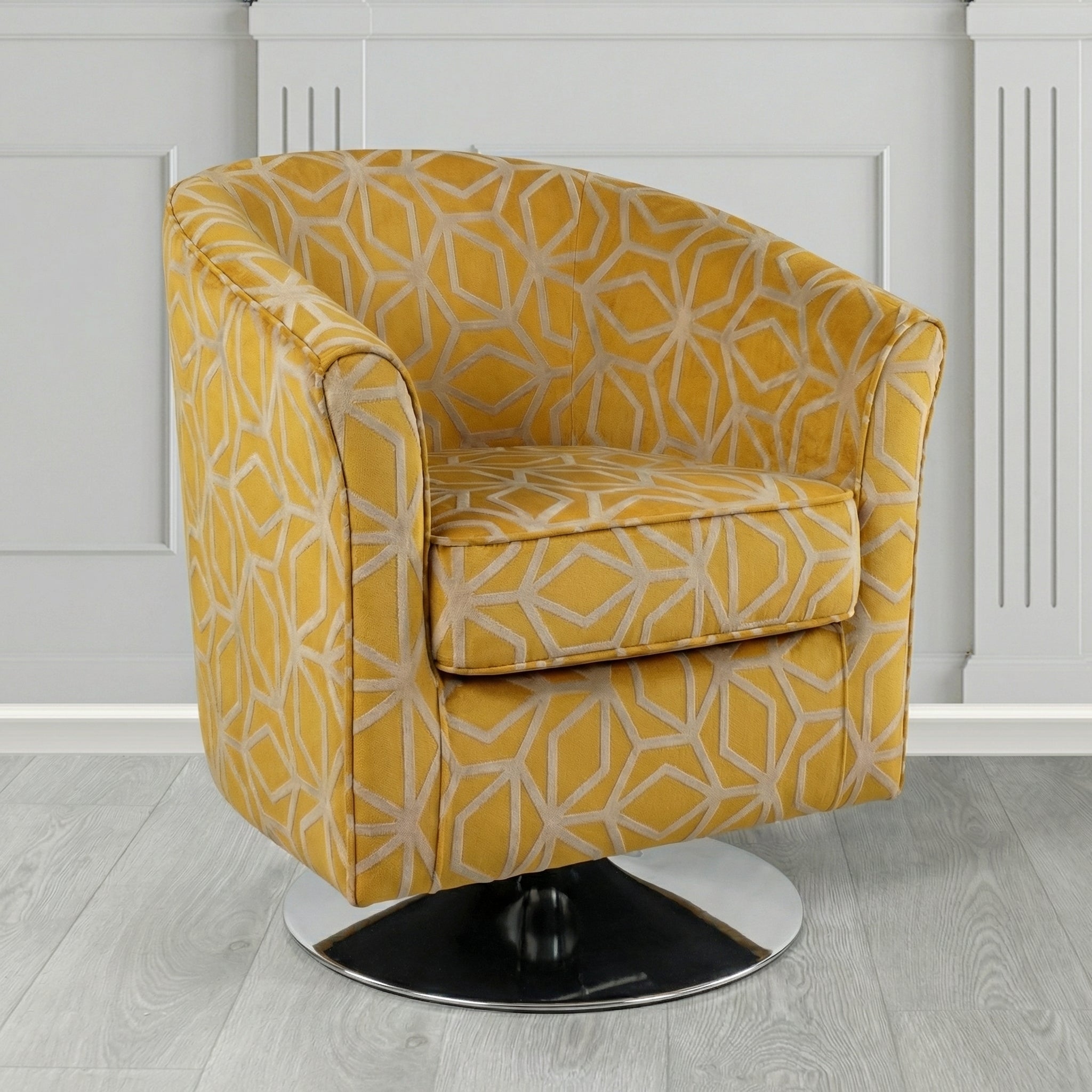 Devon Swivel Tub Chair in Panaz Fabrics Lexington Corinthia Geometric Crib 5 Velvet Fabric
