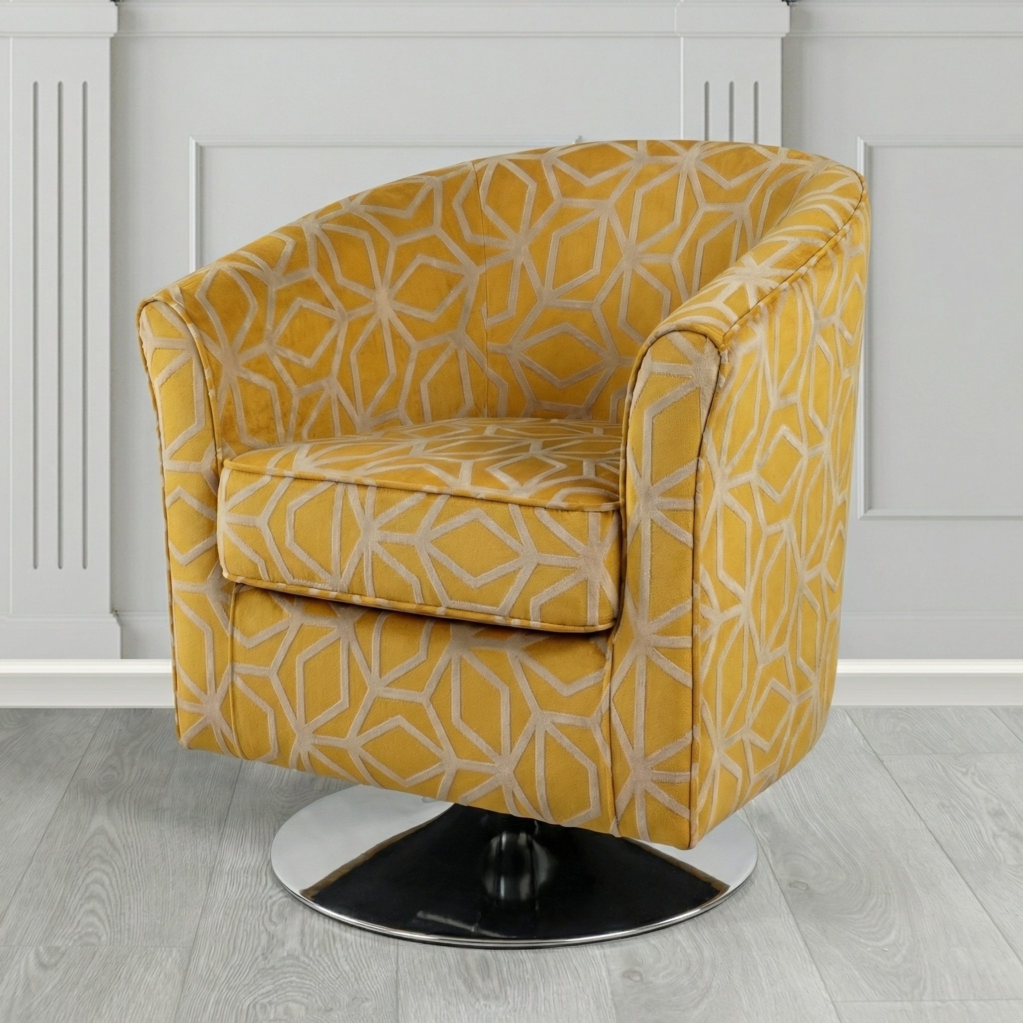 Devon Swivel Tub Chair in Panaz Fabrics Lexington Corinthia Geometric Crib 5 Velvet Fabric