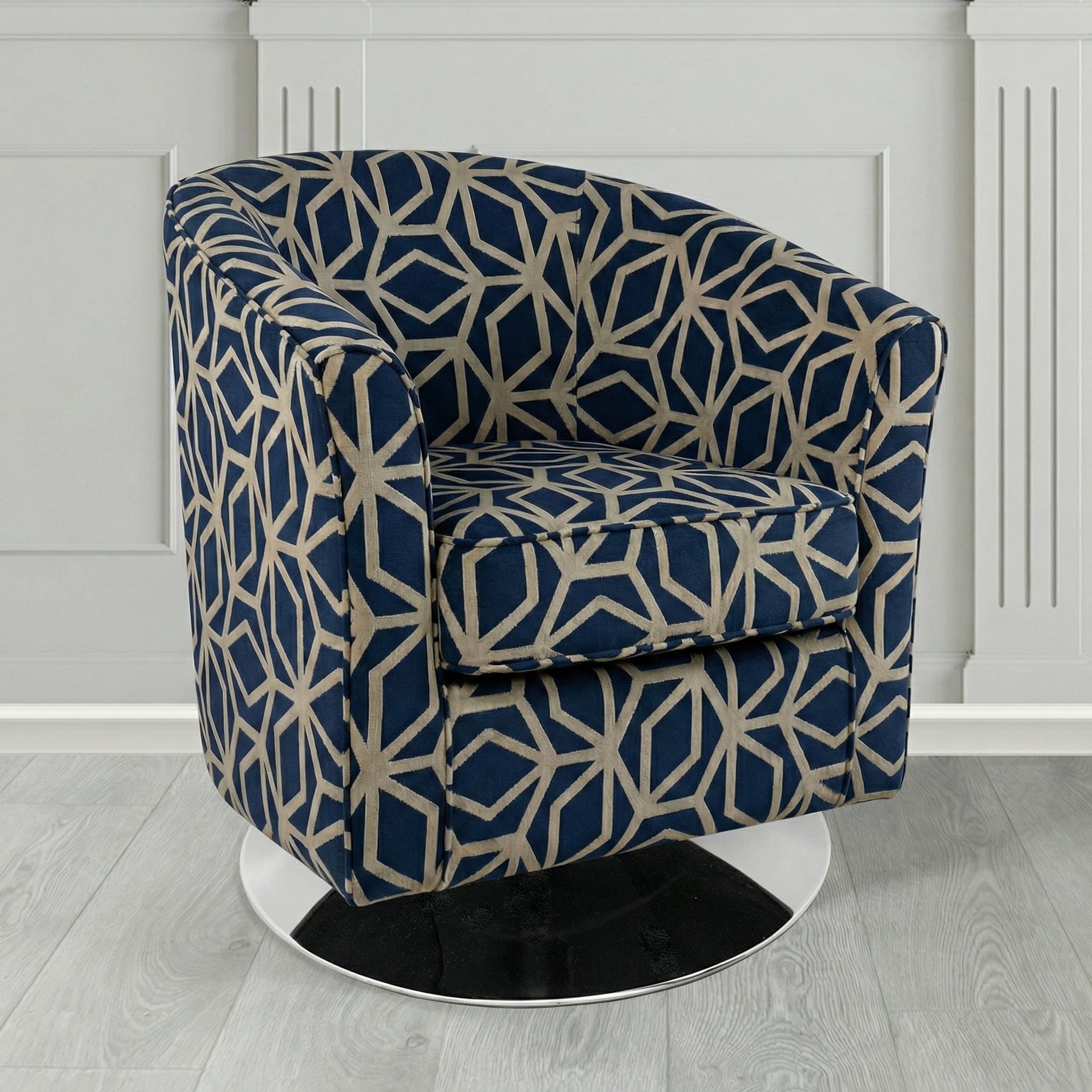 Devon Swivel Tub Chair in Panaz Fabrics Lexington Corinthia Geometric Crib 5 Velvet Fabric