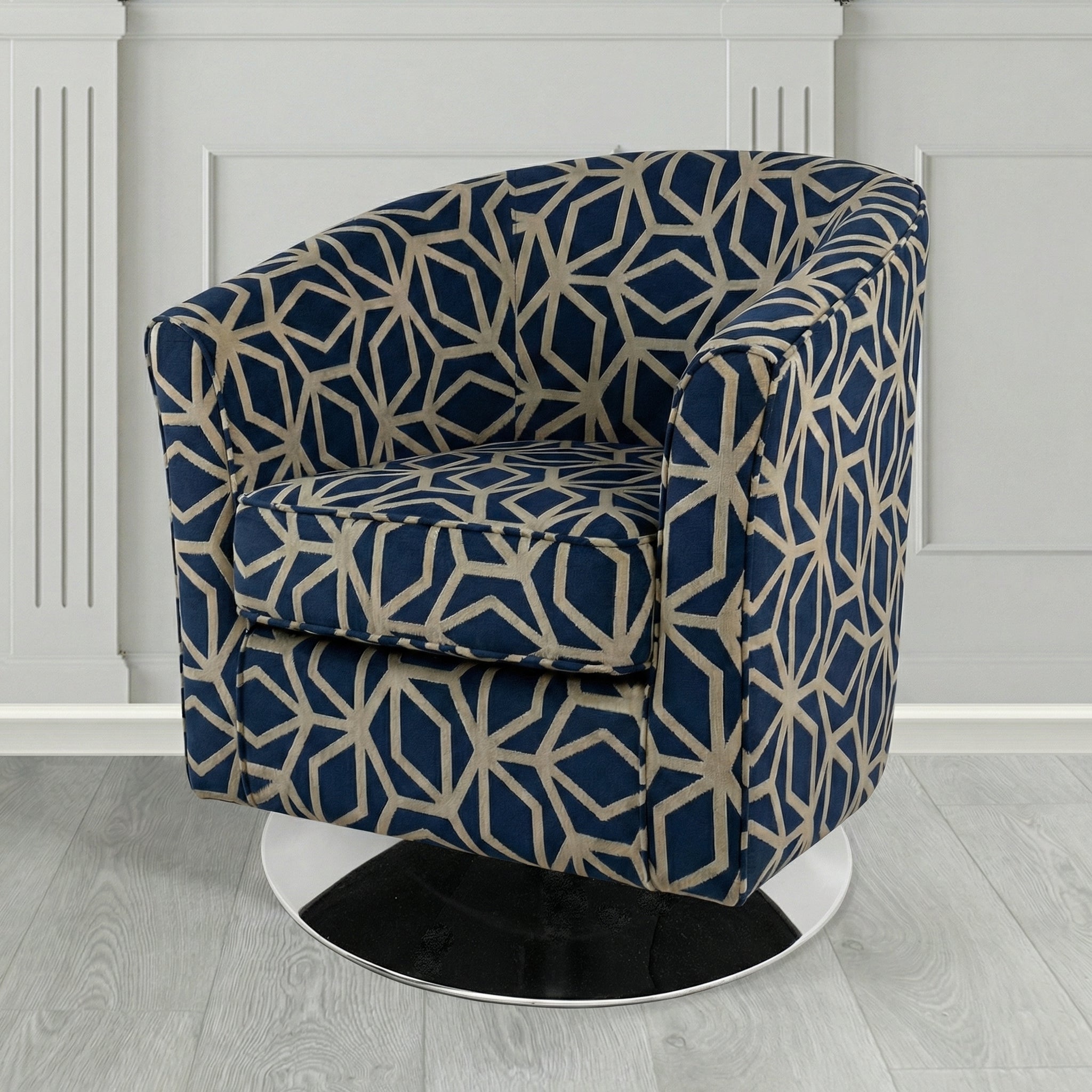 Devon Swivel Tub Chair in Panaz Fabrics Lexington Corinthia Geometric Crib 5 Velvet Fabric
