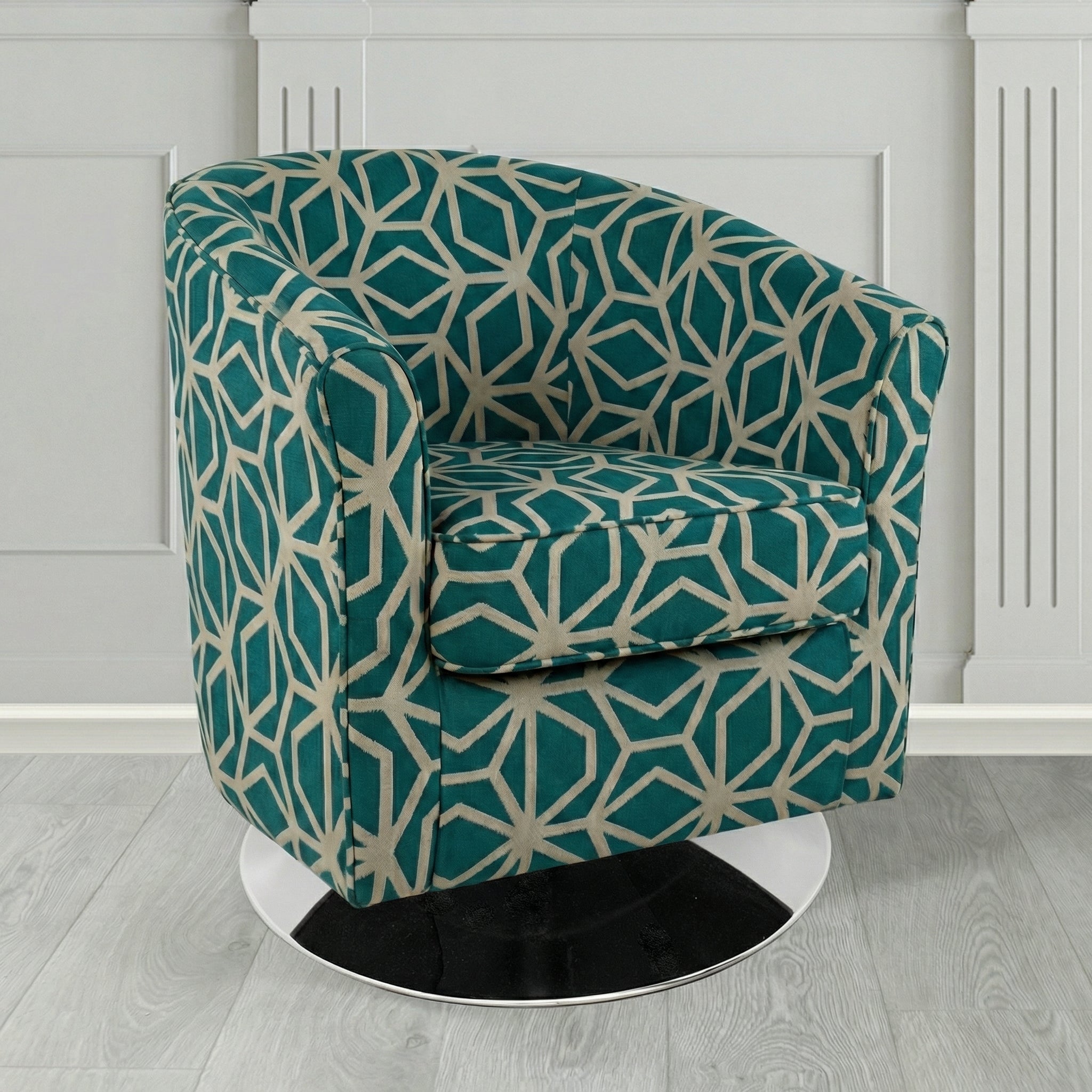 Devon Swivel Tub Chair in Panaz Fabrics Lexington Corinthia Geometric Crib 5 Velvet Fabric