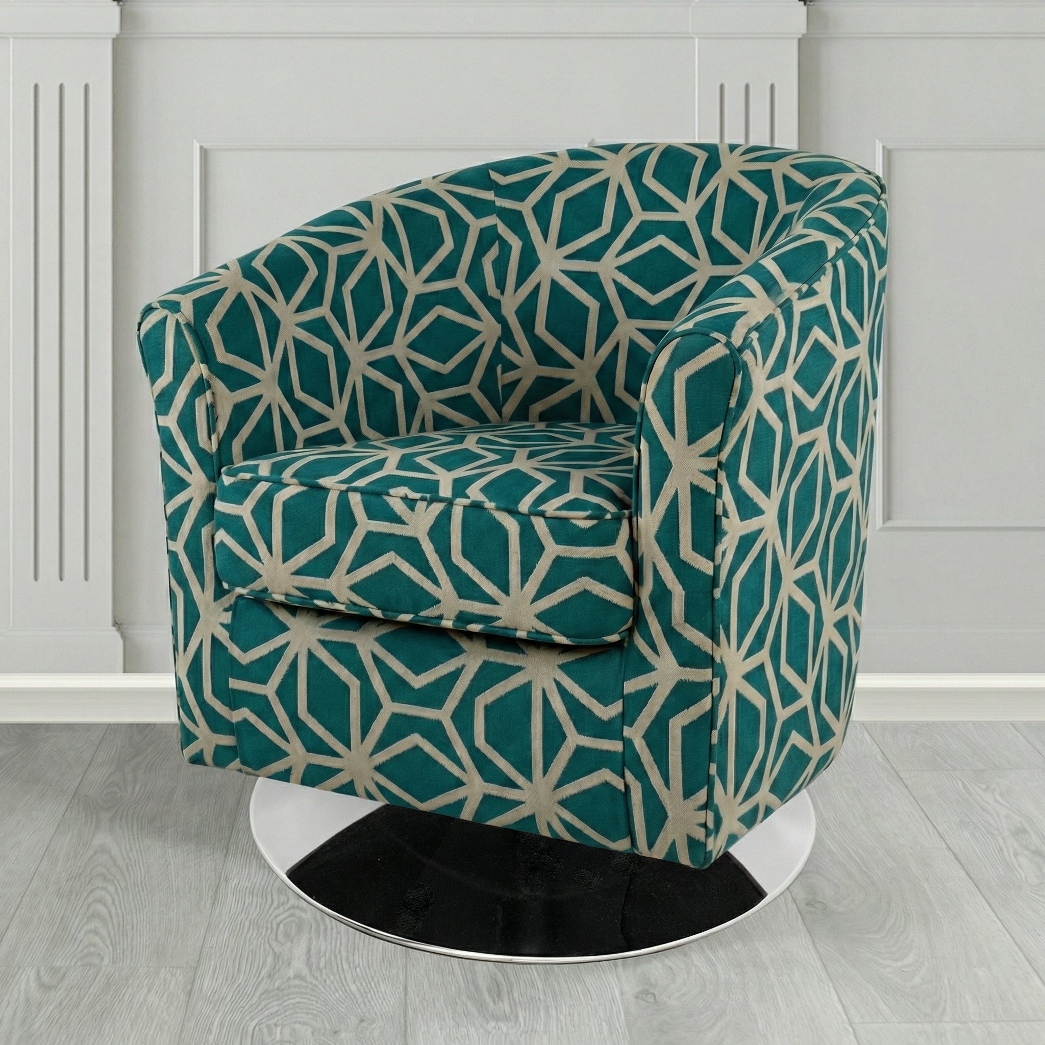 Devon Swivel Tub Chair in Panaz Fabrics Lexington Corinthia Geometric Crib 5 Velvet Fabric