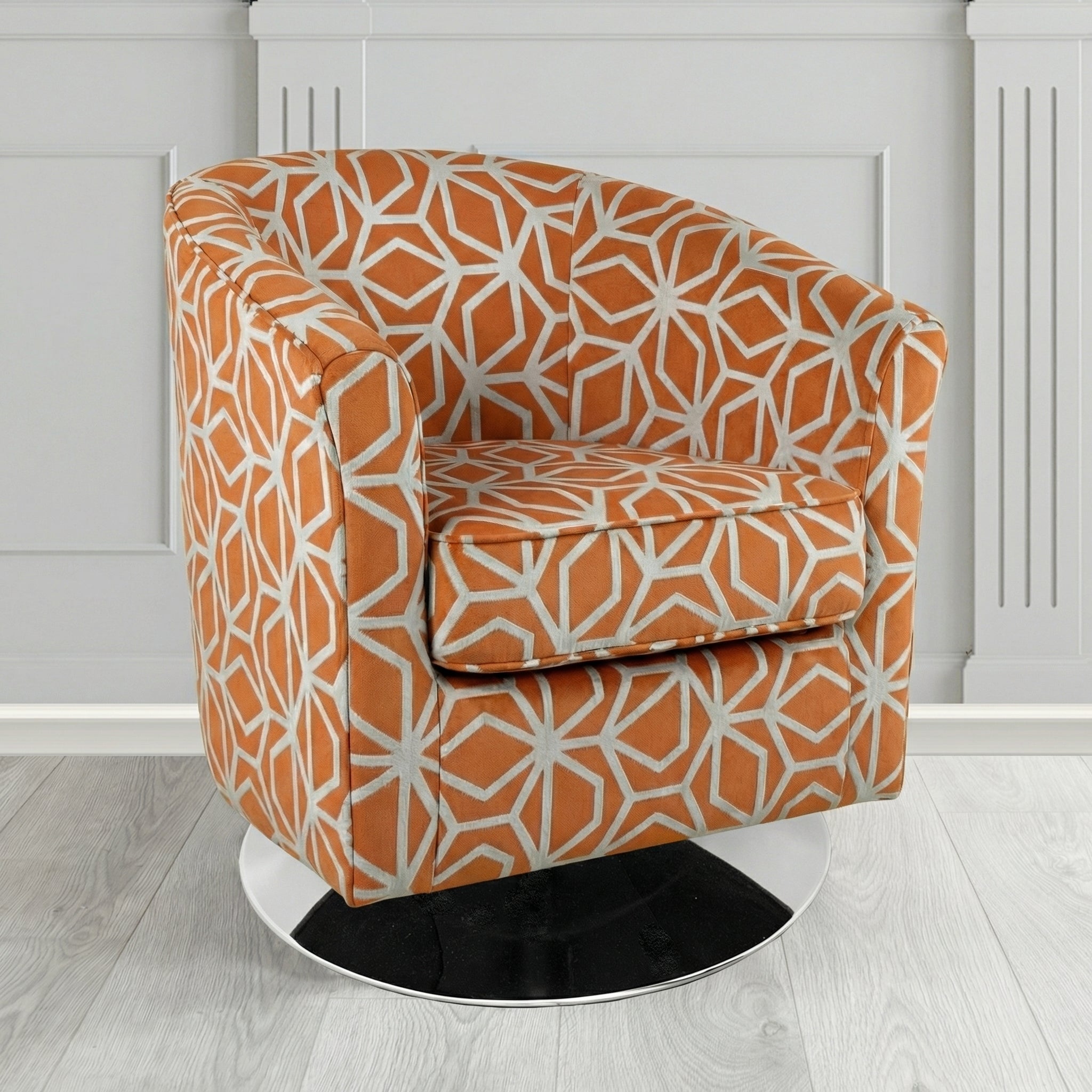Devon Swivel Tub Chair in Panaz Fabrics Lexington Corinthia Geometric Crib 5 Velvet Fabric