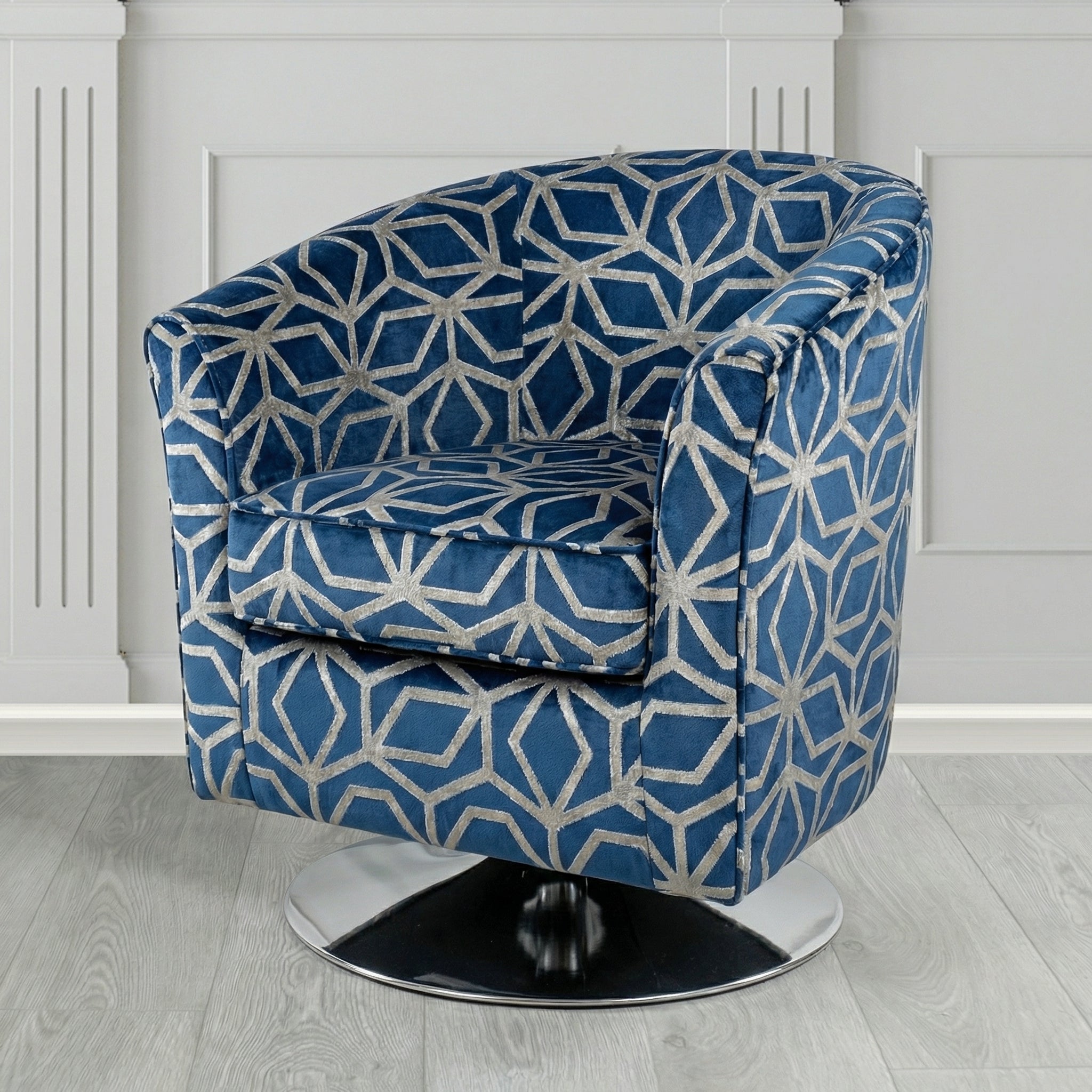Devon Swivel Tub Chair in Panaz Fabrics Lexington Corinthia Geometric Crib 5 Velvet Fabric
