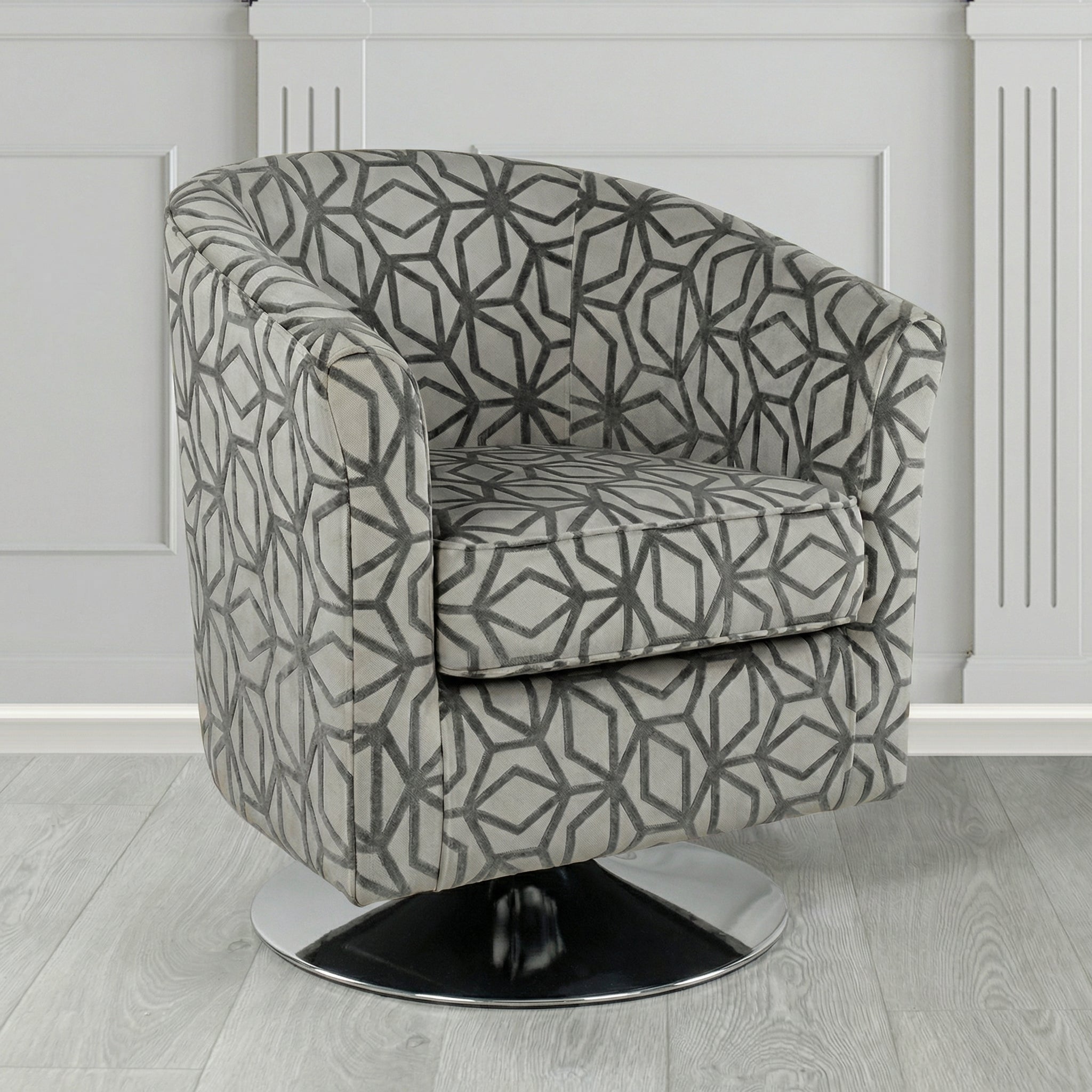 Devon Swivel Tub Chair in Panaz Fabrics Lexington Corinthia Geometric Crib 5 Velvet Fabric