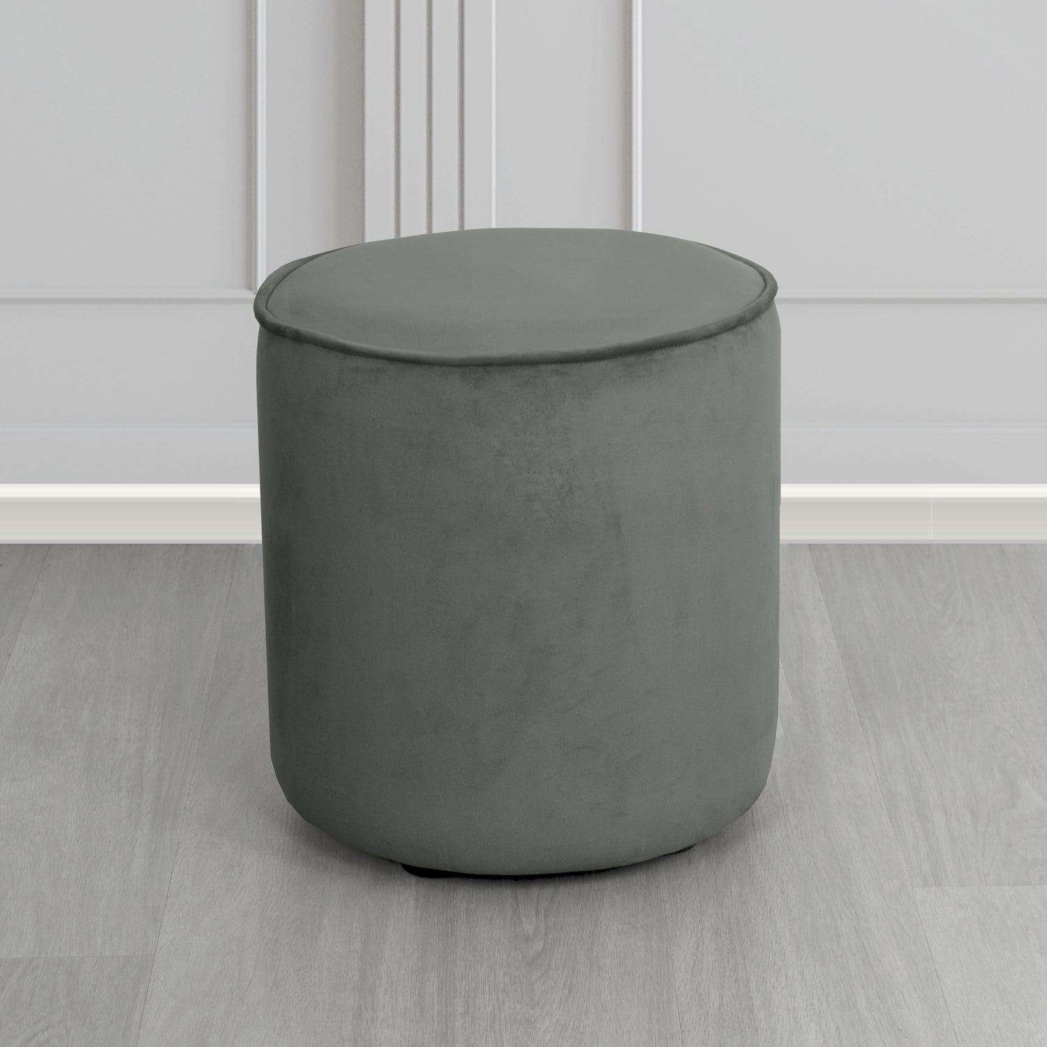Betsy Round Footstool in Monaco Grey Velvet Fabric - The Tub Chair Shop